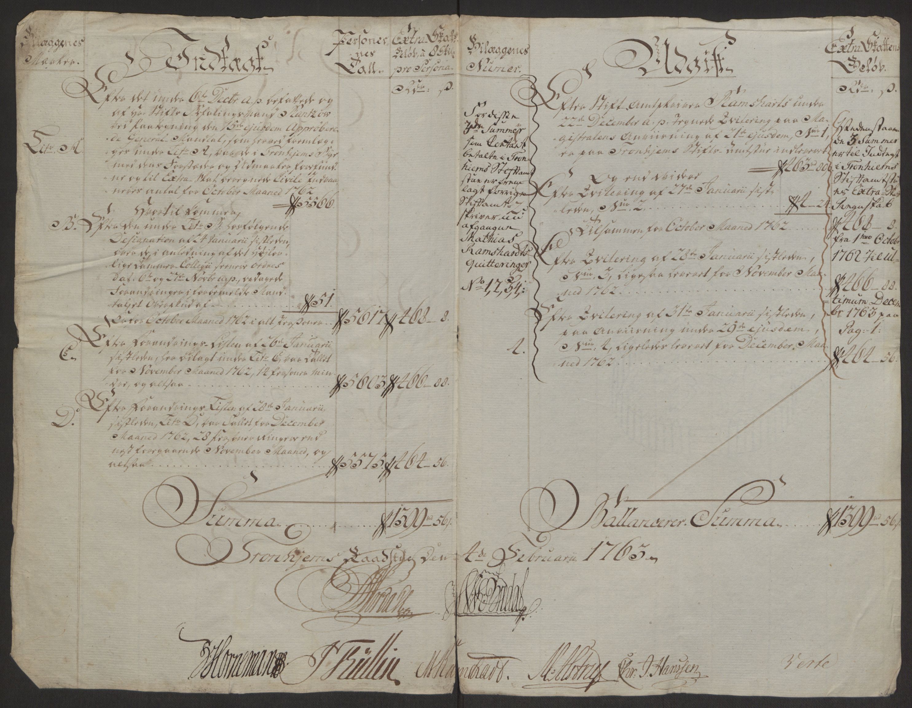 Rentekammeret inntil 1814, Reviderte regnskaper, Byregnskaper, RA/EA-4066/R/Rs/L0516/0001: [S9] Kontribusjonsregnskap / Ekstraskatt, 1762-1767, p. 4