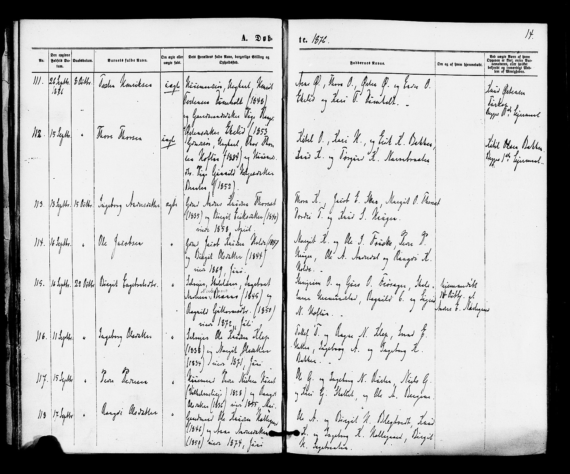 Gol kirkebøker, SAKO/A-226/F/Fa/L0004: Parish register (official) no. I 4, 1876-1886, p. 14