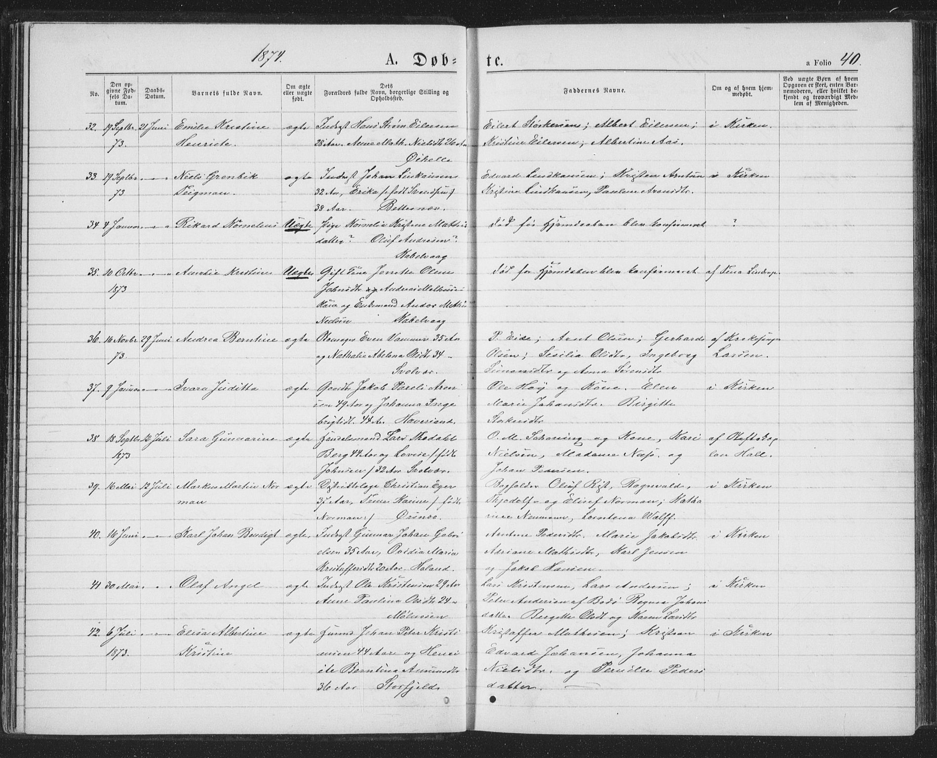 Ministerialprotokoller, klokkerbøker og fødselsregistre - Nordland, AV/SAT-A-1459/874/L1074: Parish register (copy) no. 874C03, 1870-1876, p. 40