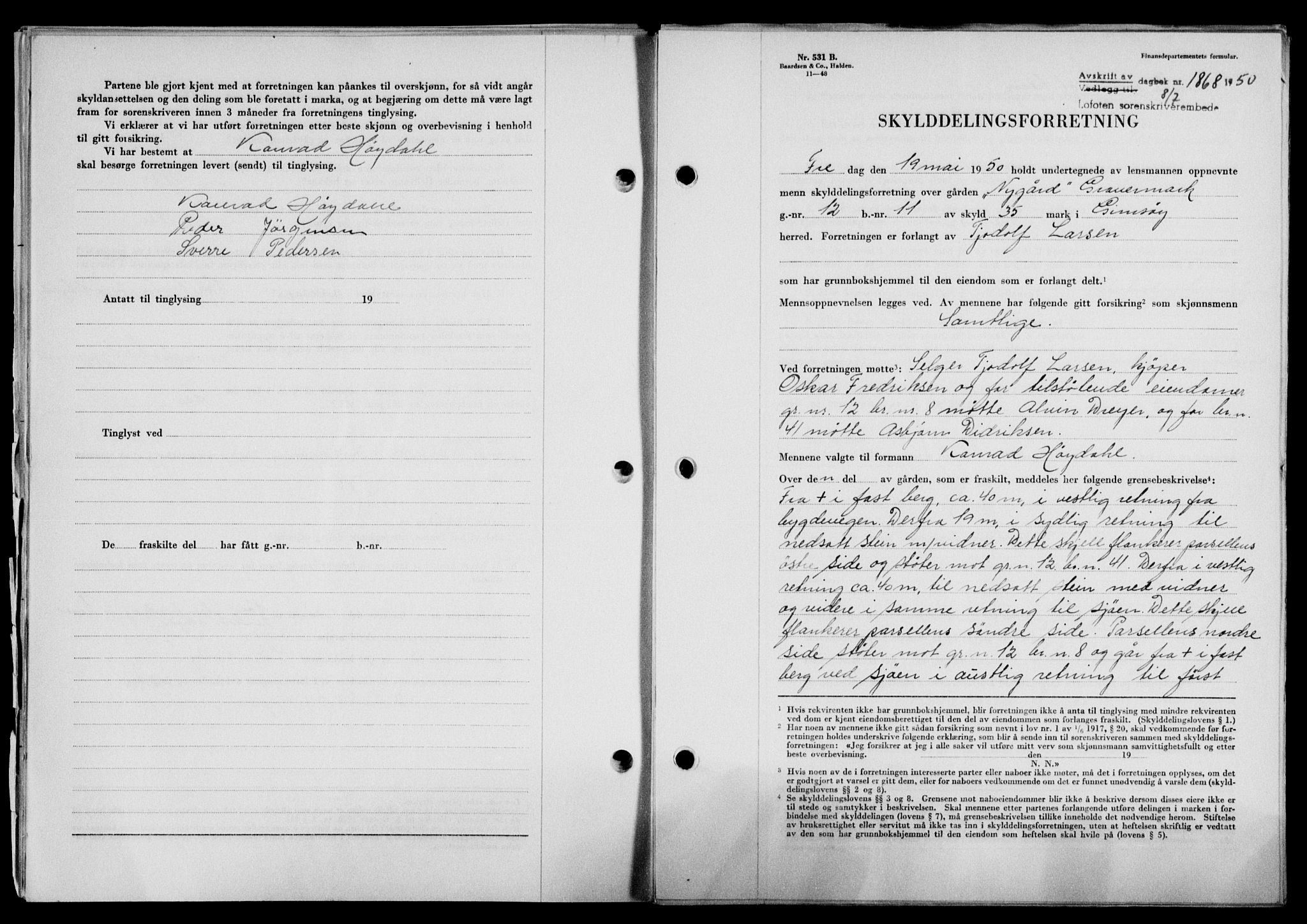 Lofoten sorenskriveri, SAT/A-0017/1/2/2C/L0024a: Mortgage book no. 24a, 1950-1950, Diary no: : 1868/1950