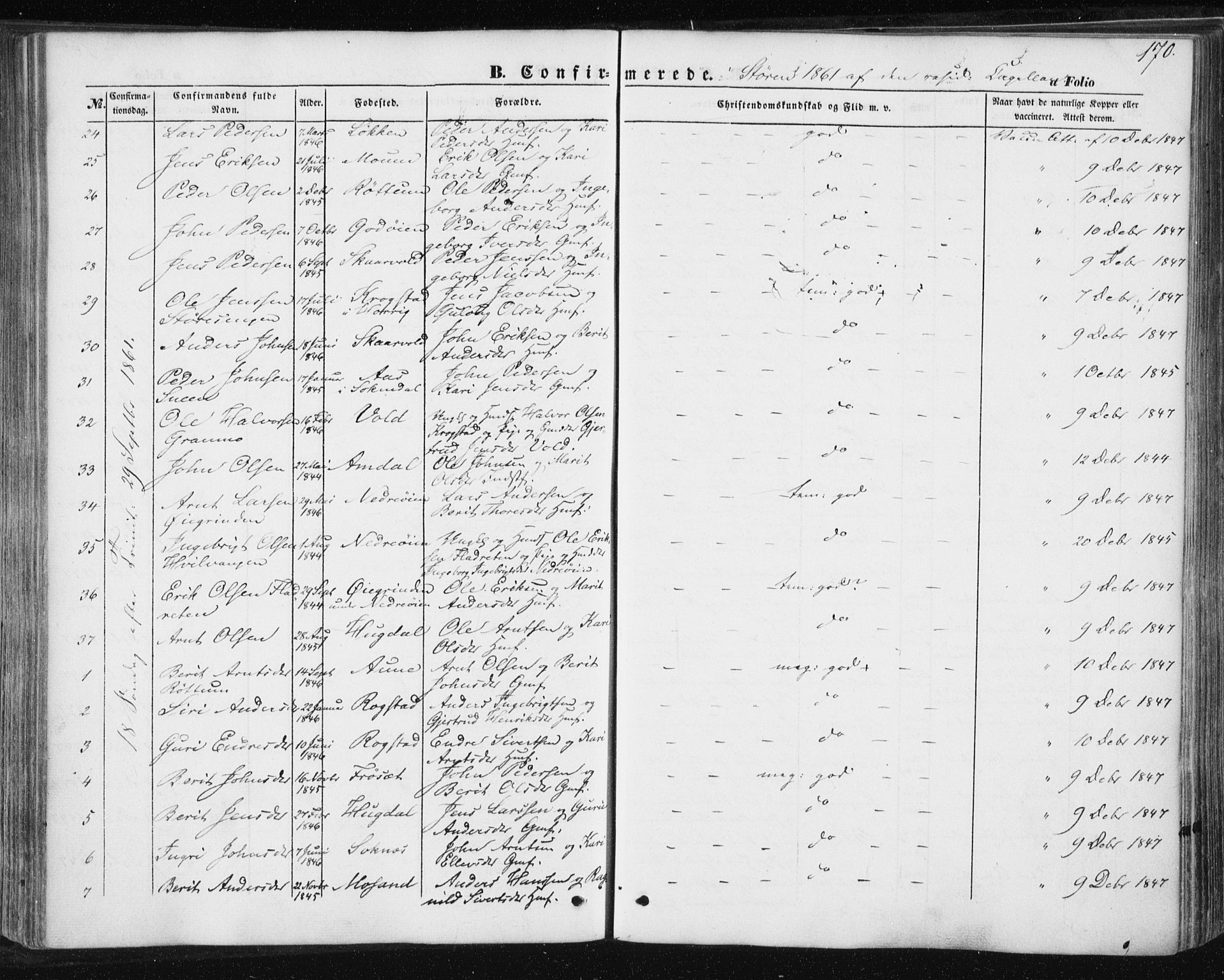 Ministerialprotokoller, klokkerbøker og fødselsregistre - Sør-Trøndelag, SAT/A-1456/687/L1000: Parish register (official) no. 687A06, 1848-1869, p. 170