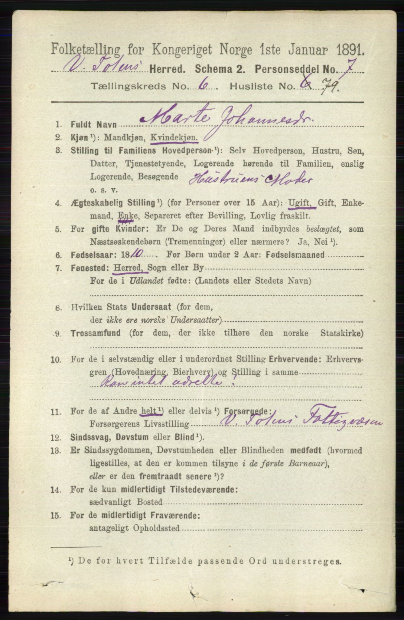 RA, 1891 census for 0529 Vestre Toten, 1891, p. 4276