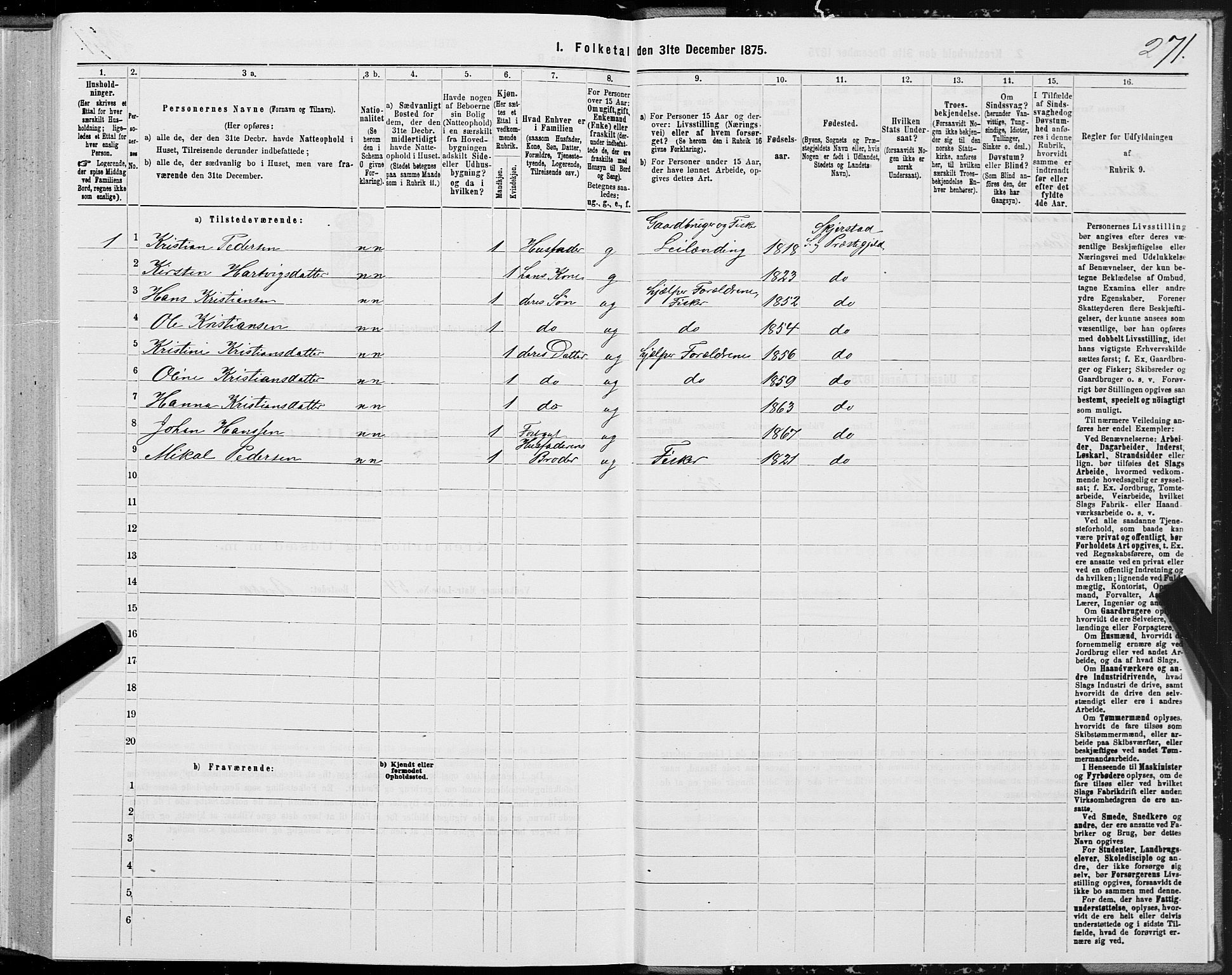 SAT, 1875 census for 1842P Skjerstad, 1875, p. 1271