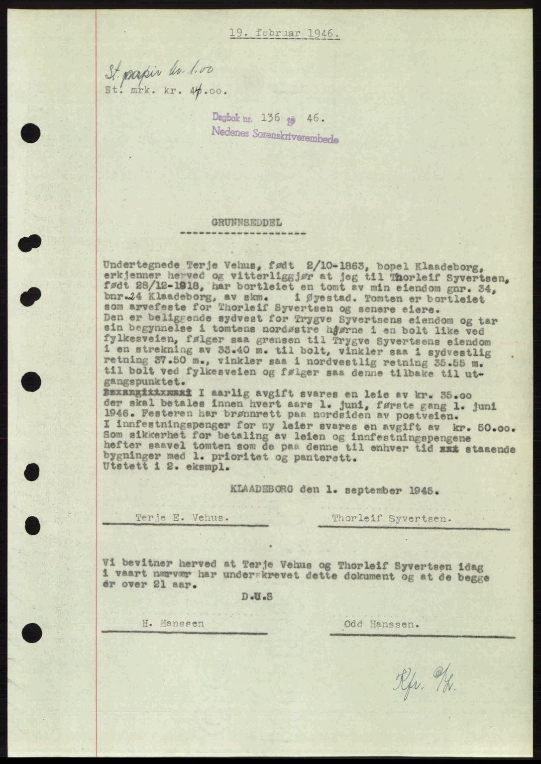 Nedenes sorenskriveri, SAK/1221-0006/G/Gb/Gba/L0054: Mortgage book no. A6c, 1946-1946, Diary no: : 136/1946