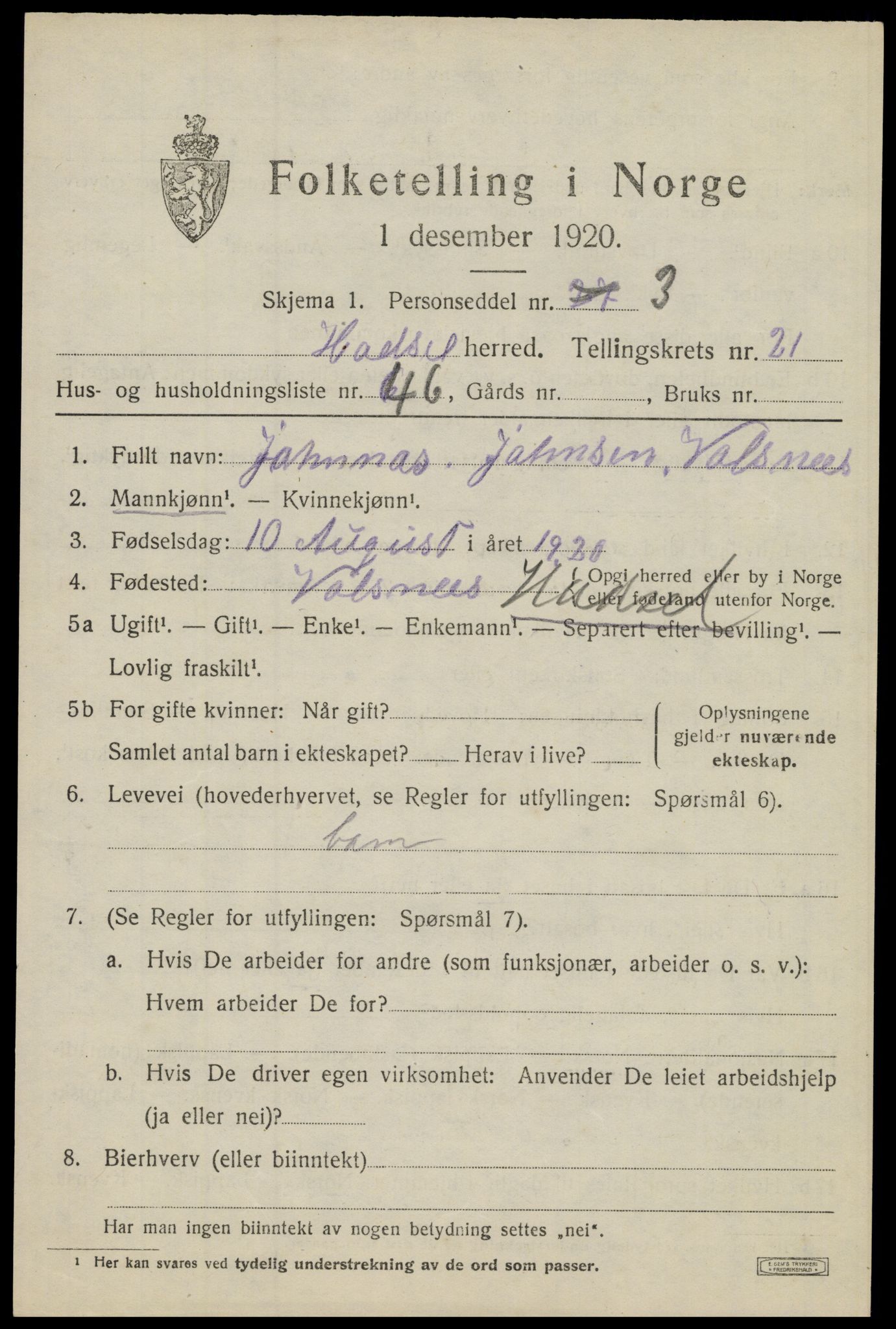 SAT, 1920 census for Hadsel, 1920, p. 19920