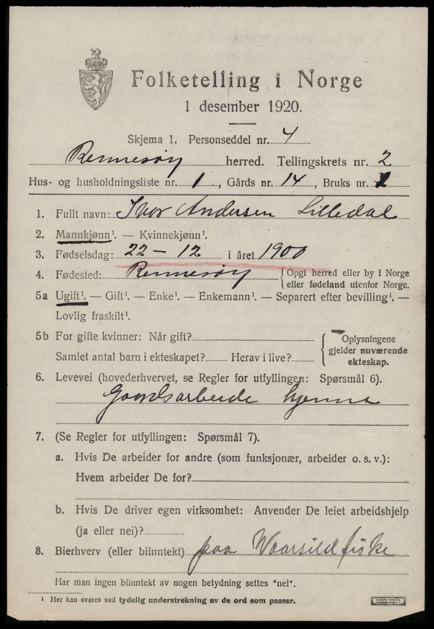 SAST, 1920 census for Rennesøy, 1920, p. 1024