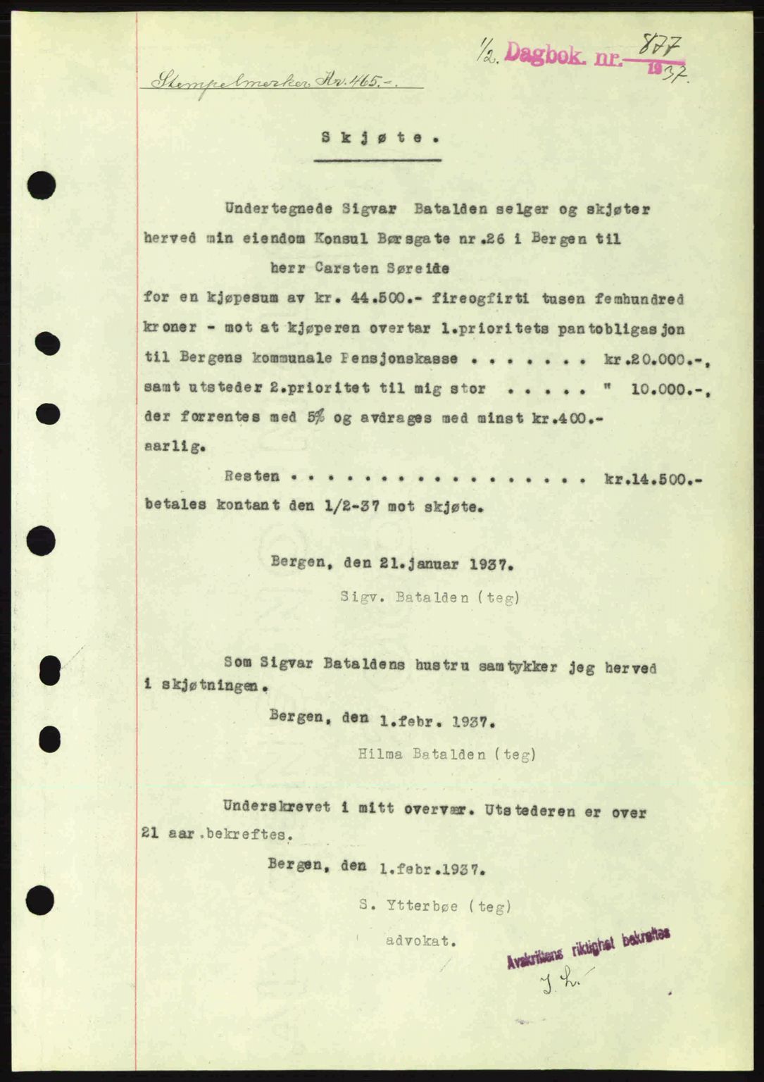 Byfogd og Byskriver i Bergen, SAB/A-3401/03/03Bc/L0004: Mortgage book no. A3-4, 1936-1937, Diary no: : 877/1937