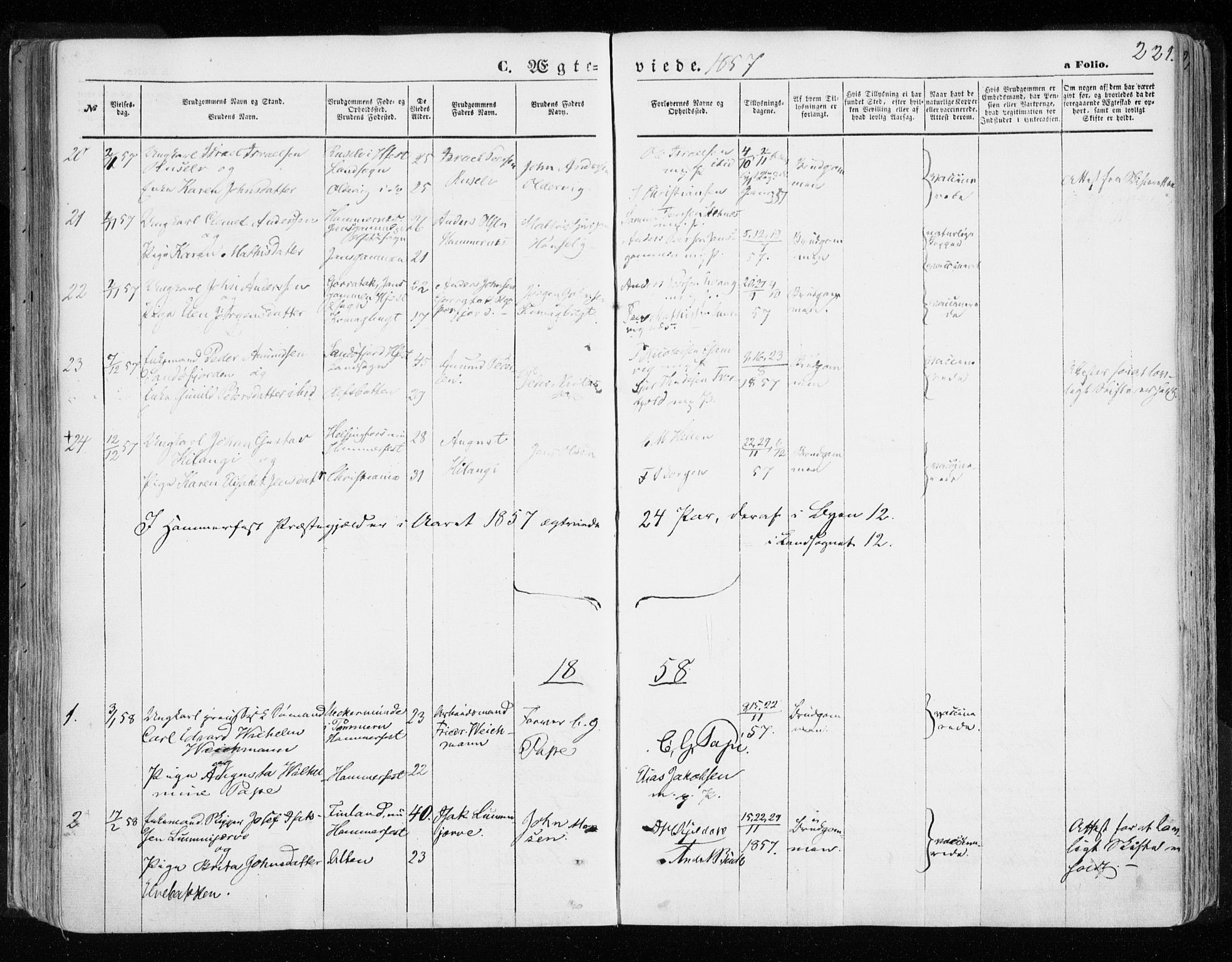 Hammerfest sokneprestkontor, AV/SATØ-S-1347/H/Ha/L0005.kirke: Parish register (official) no. 5, 1857-1869, p. 221