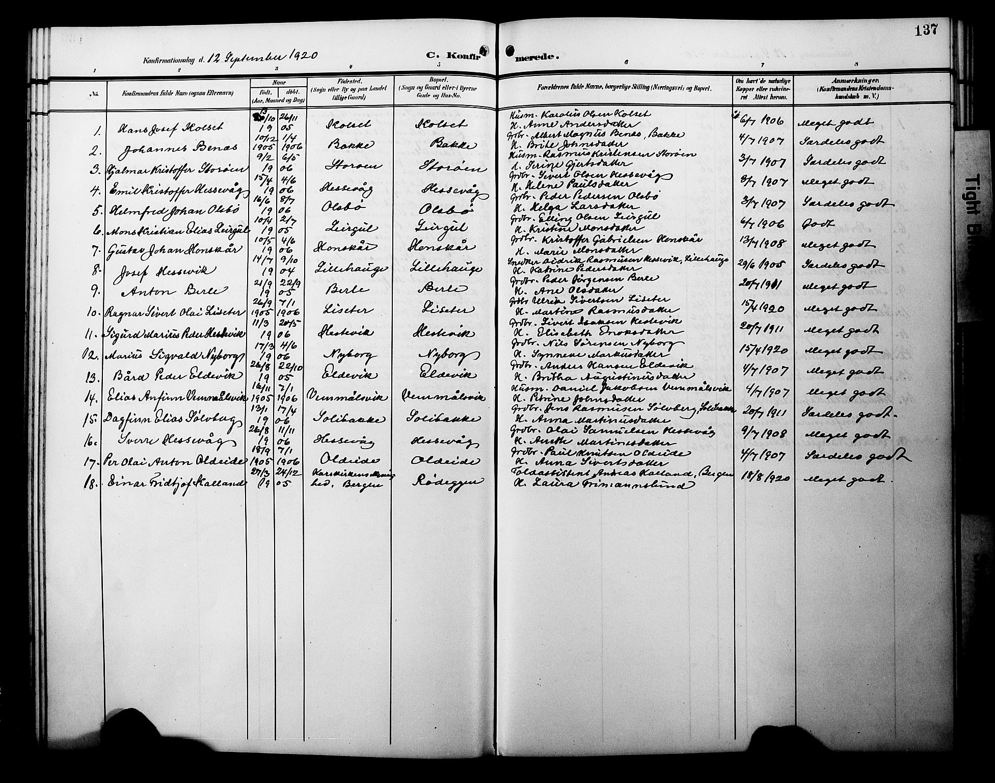 Davik sokneprestembete, AV/SAB-A-79701/H/Hab/Habc/L0003: Parish register (copy) no. C 3, 1907-1929, p. 137