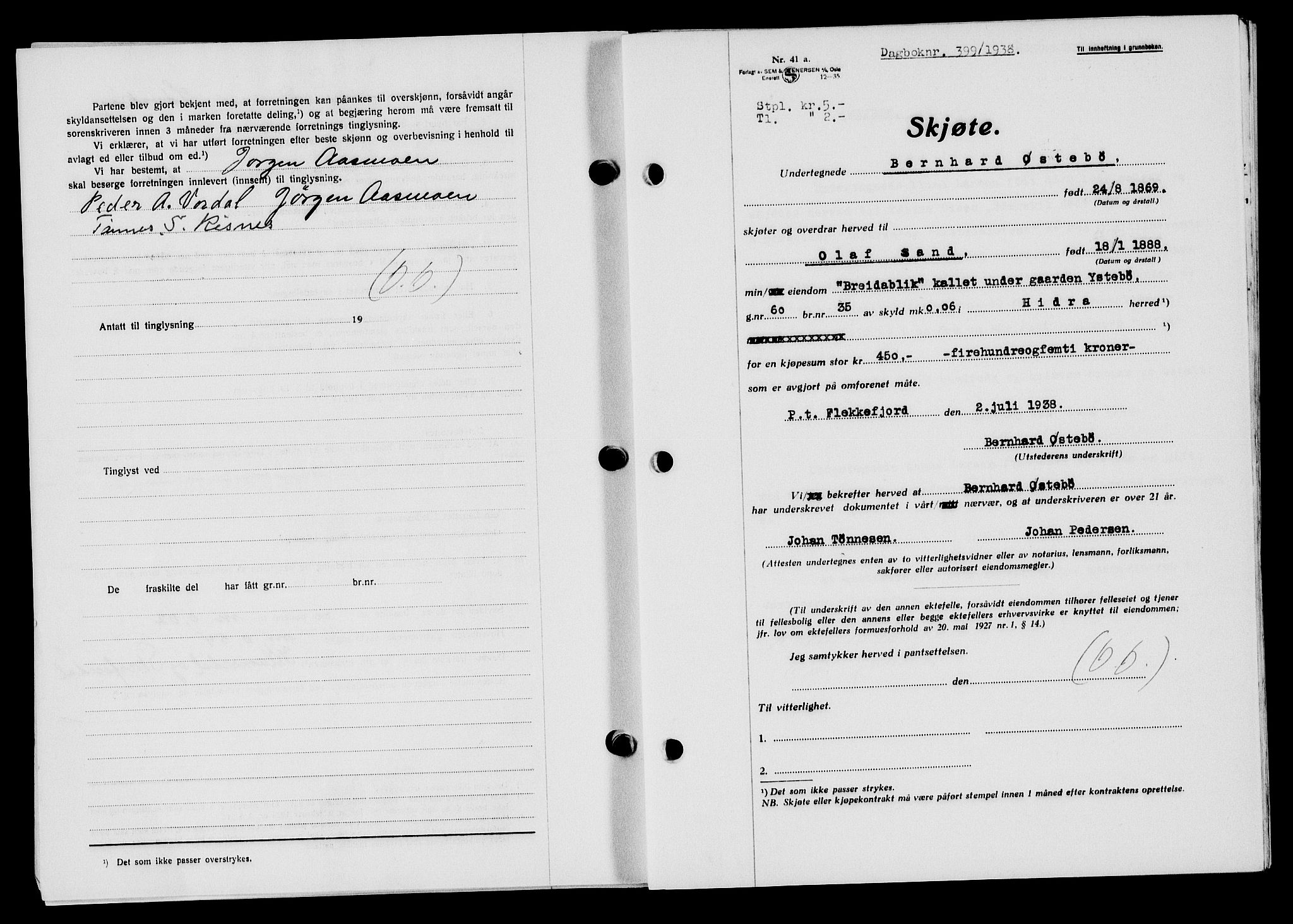 Flekkefjord sorenskriveri, SAK/1221-0001/G/Gb/Gba/L0054: Mortgage book no. A-2, 1937-1938, Diary no: : 399/1938