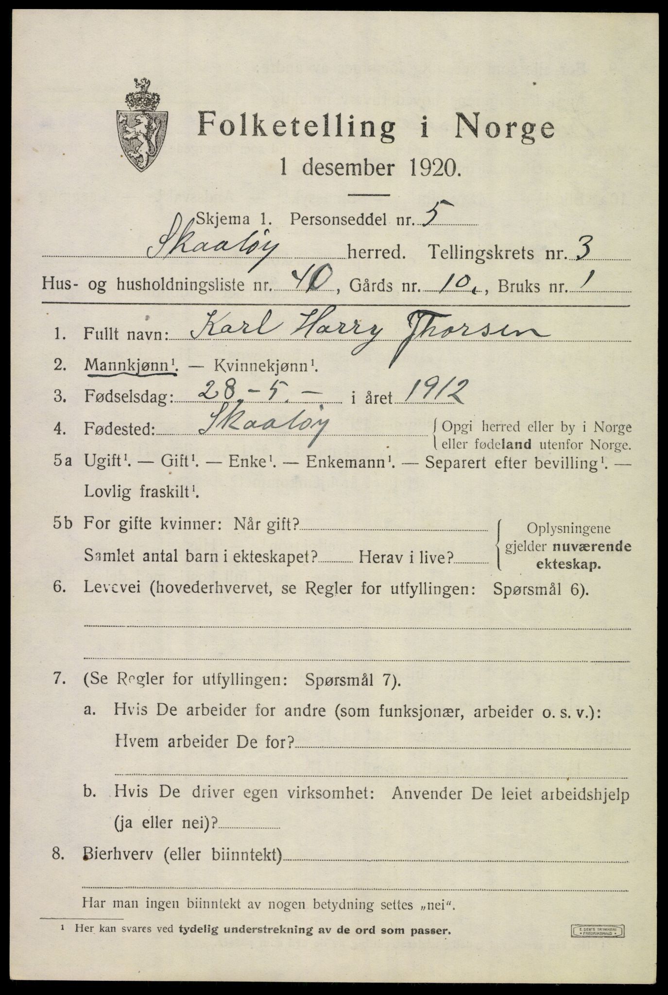 SAKO, 1920 census for Skåtøy, 1920, p. 3126