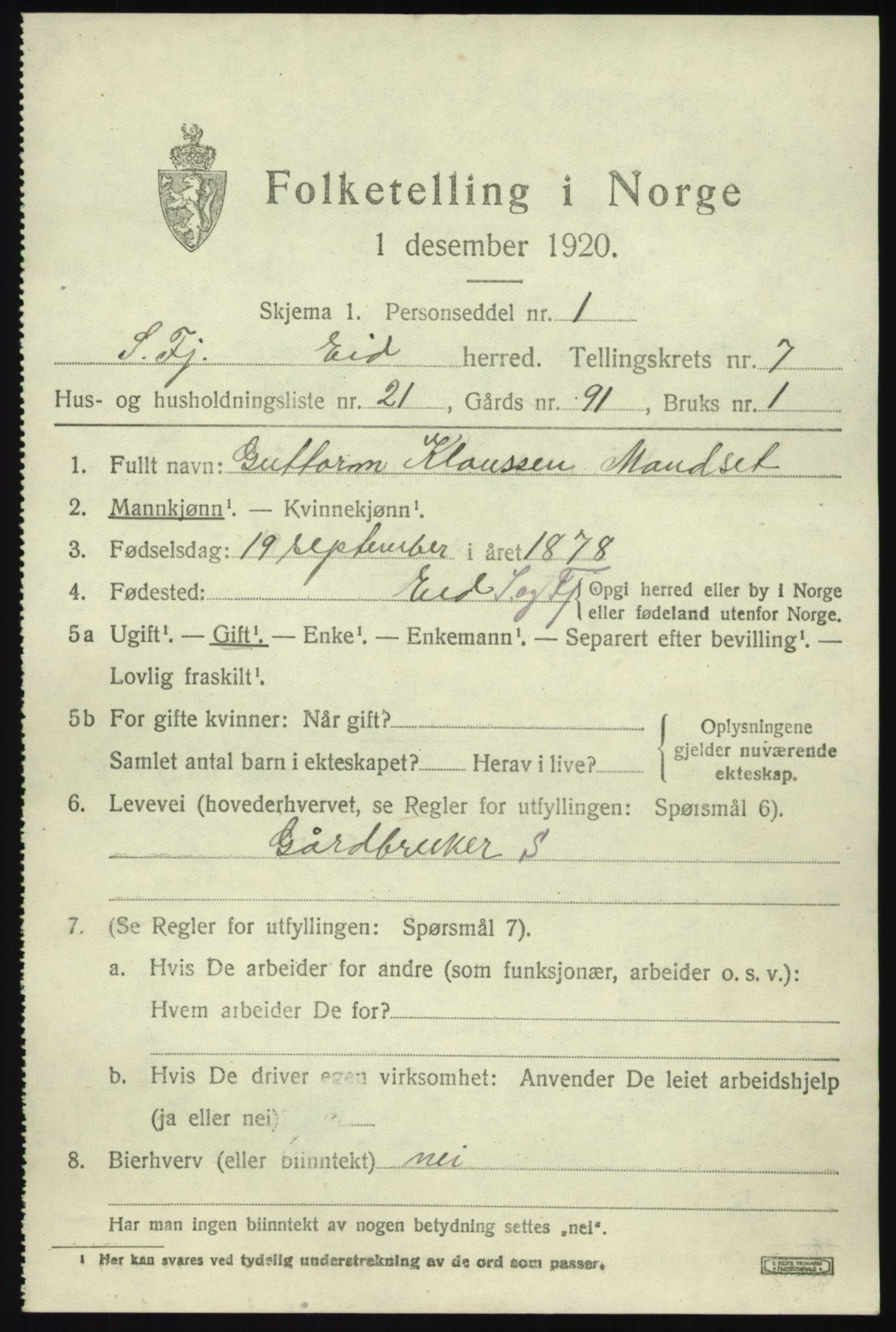 SAB, 1920 census for Eid, 1920, p. 3732