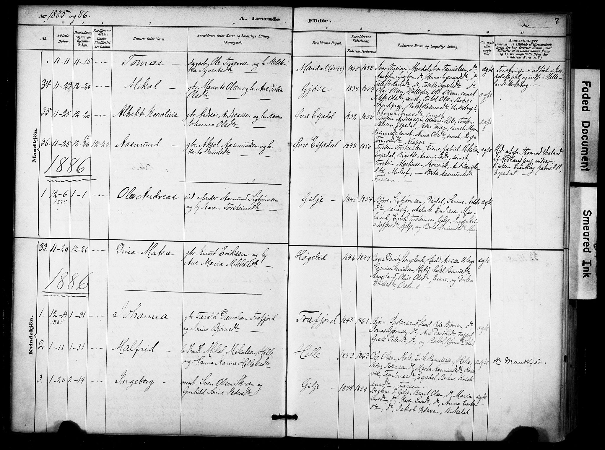 Høgsfjord sokneprestkontor, SAST/A-101624/H/Ha/Haa/L0006: Parish register (official) no. A 6, 1885-1897, p. 7