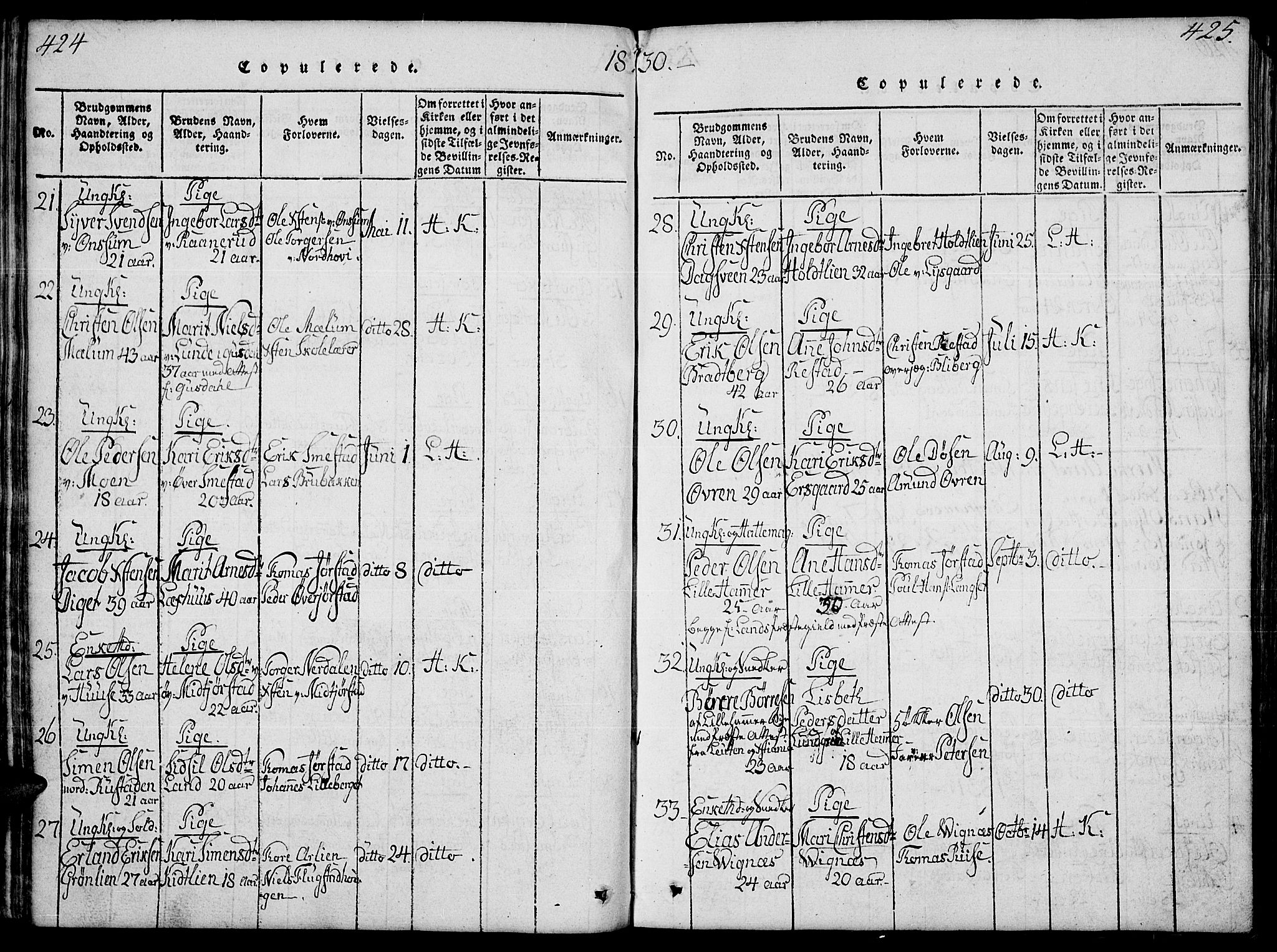 Fåberg prestekontor, AV/SAH-PREST-086/H/Ha/Hab/L0004: Parish register (copy) no. 4, 1818-1837, p. 424-425