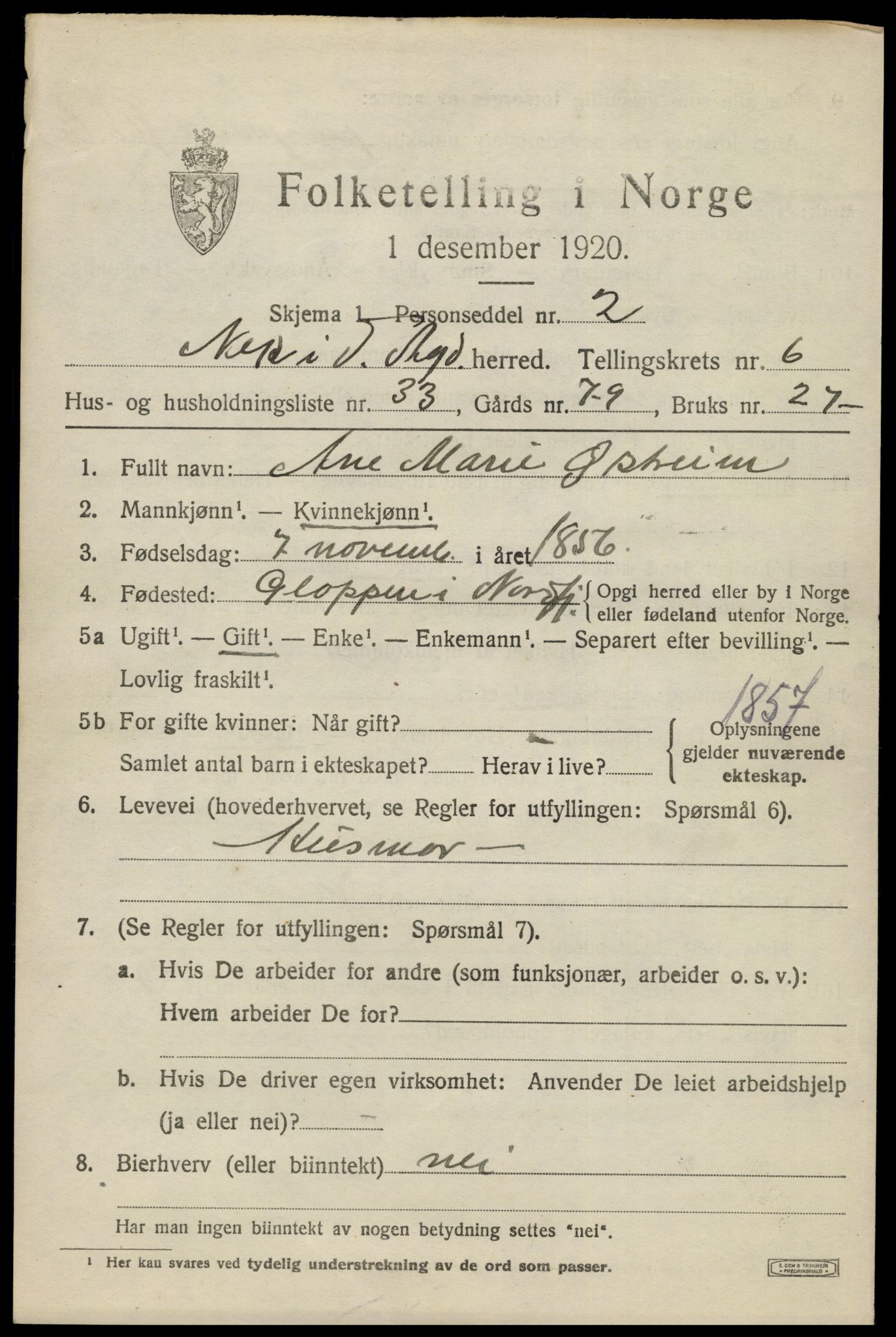 SAK, 1920 census for Nes (V-A), 1920, p. 3312