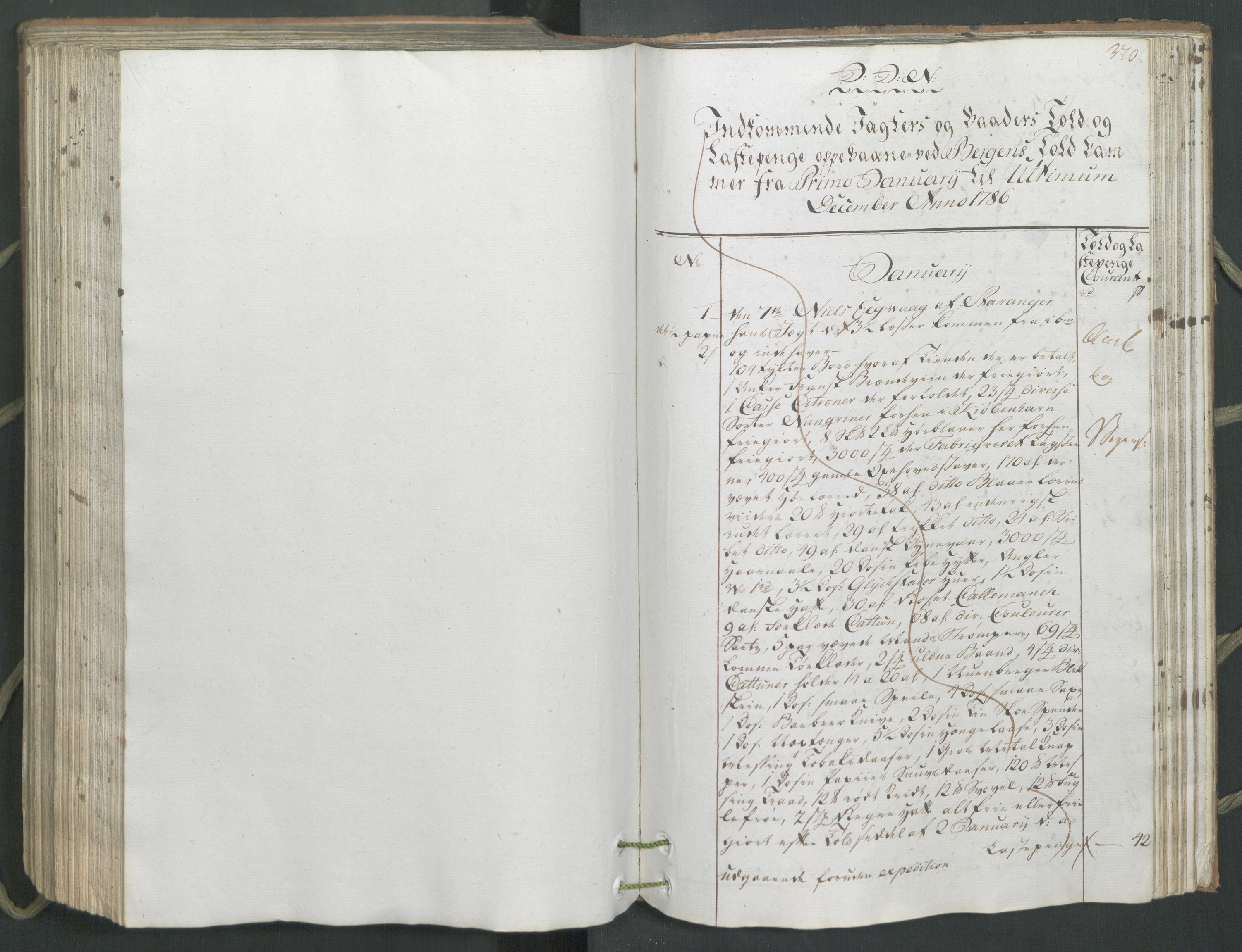 Generaltollkammeret, tollregnskaper, AV/RA-EA-5490/R26/L0222/0001: Tollregnskaper Bergen A / Inngående hovedtollbok, 1786, p. 369b-370a