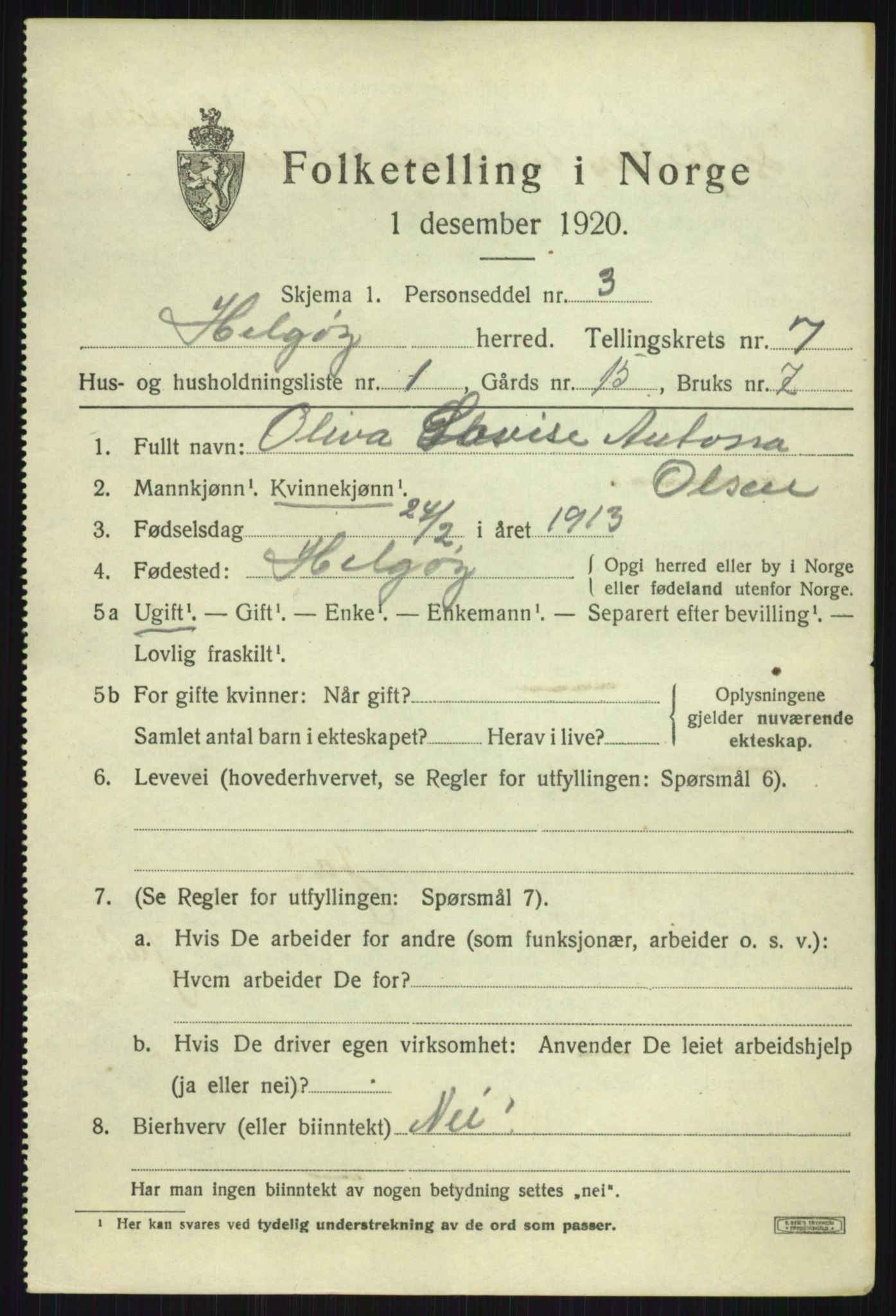 SATØ, 1920 census for Helgøy, 1920, p. 2539