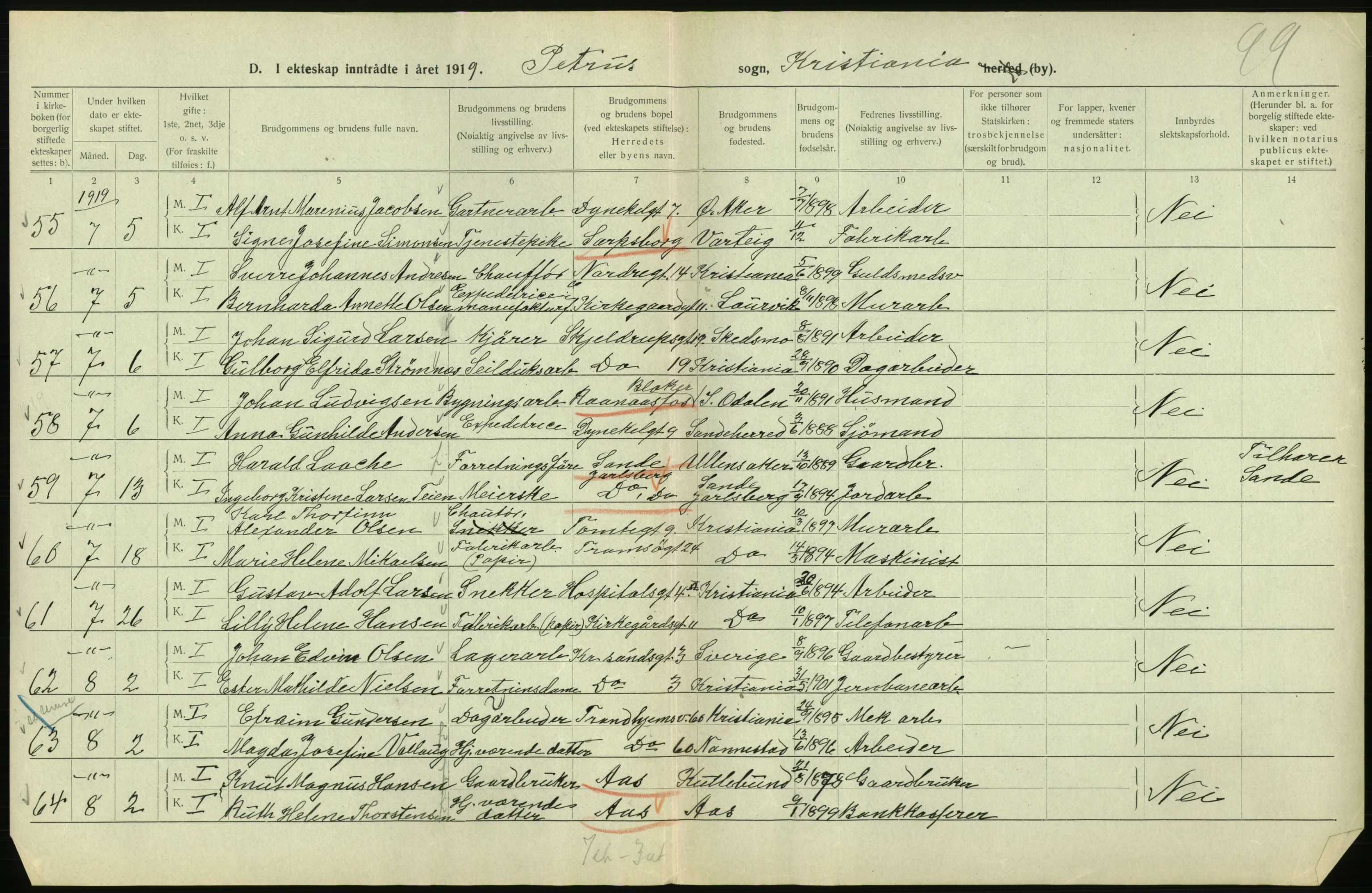 Statistisk sentralbyrå, Sosiodemografiske emner, Befolkning, AV/RA-S-2228/D/Df/Dfb/Dfbi/L0009: Kristiania: Gifte, 1919, p. 438