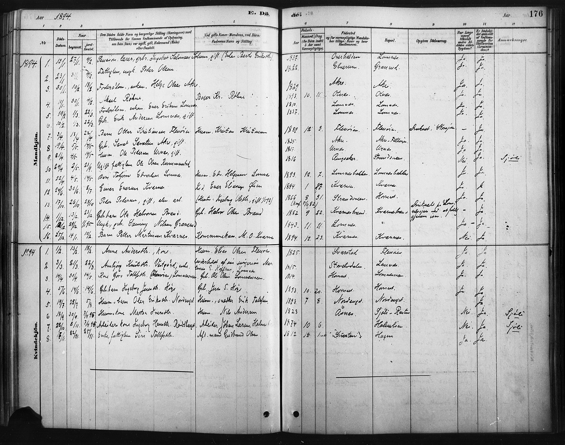 Rendalen prestekontor, SAH/PREST-054/H/Ha/Haa/L0010: Parish register (official) no. 10, 1878-1901, p. 176