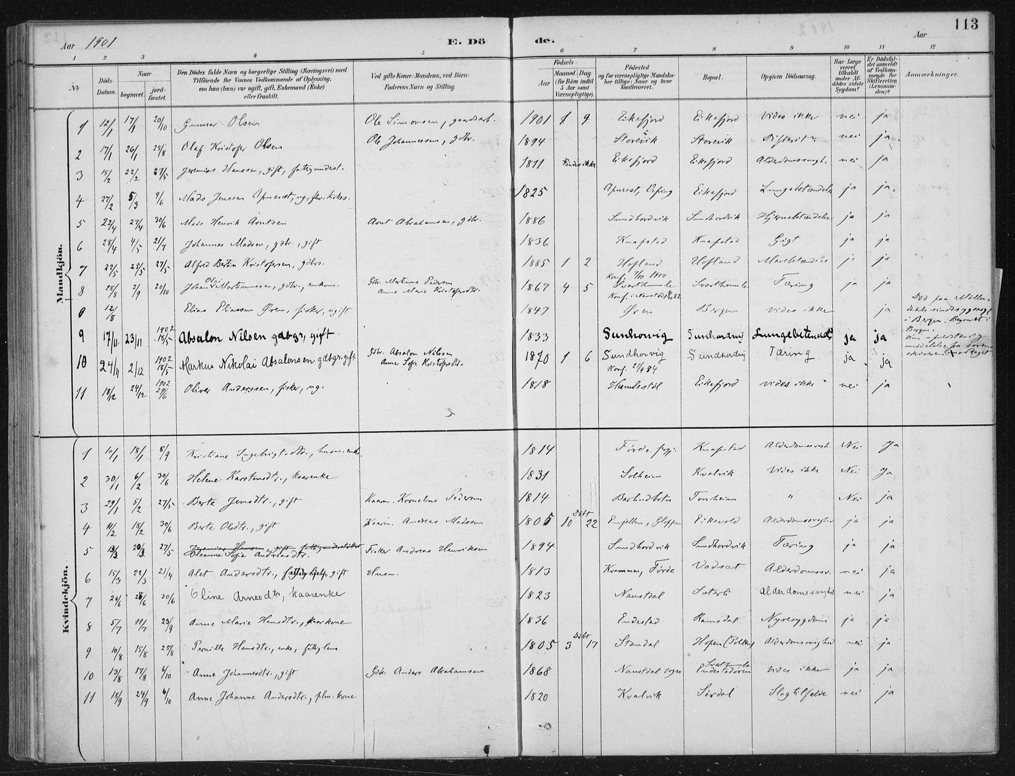 Kinn sokneprestembete, AV/SAB-A-80801/H/Haa/Haae/L0001: Parish register (official) no. E 1, 1890-1916, p. 113