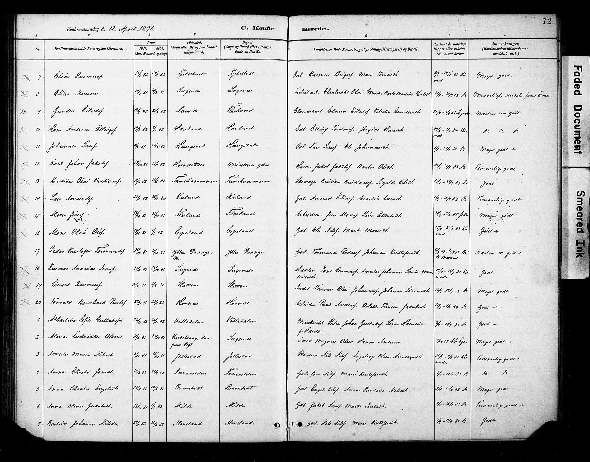 Fana Sokneprestembete, AV/SAB-A-75101/H/Haa/Haab/L0002: Parish register (official) no. B 2, 1890-1897, p. 72