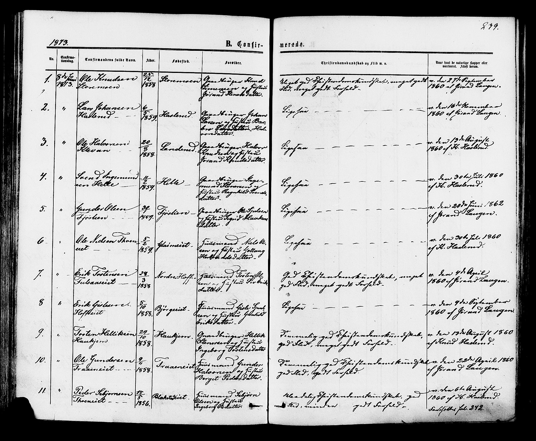 Rollag kirkebøker, AV/SAKO-A-240/F/Fa/L0009: Parish register (official) no. I 9, 1860-1874, p. 239