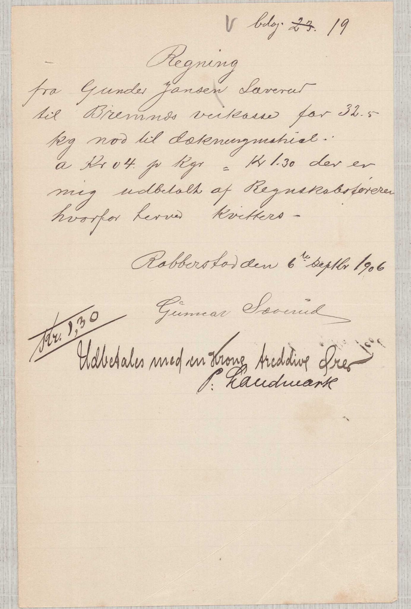 Finnaas kommune. Formannskapet, IKAH/1218a-021/E/Ea/L0002/0004: Rekneskap for veganlegg / Rekneskap for veganlegget Urangsvåg - Mælandsvåg, 1906, p. 34