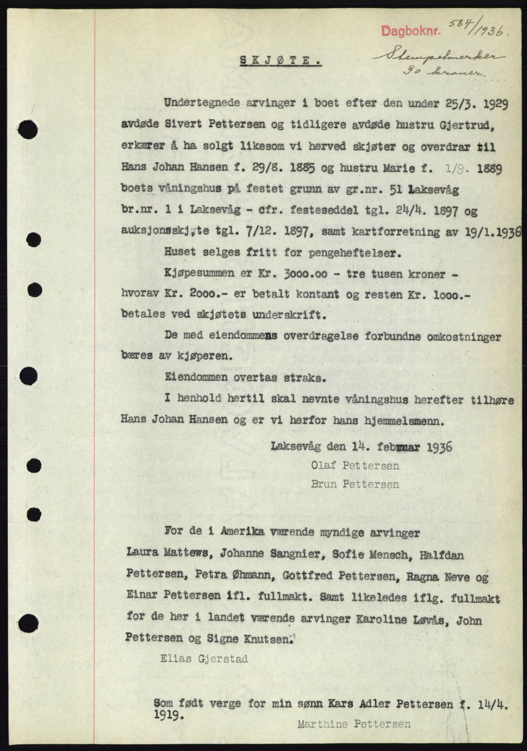 Midhordland sorenskriveri, SAB/A-3001/1/G/Gb/Gbk/L0001: Mortgage book no. A1-6, 1936-1937, Diary no: : 584/1936