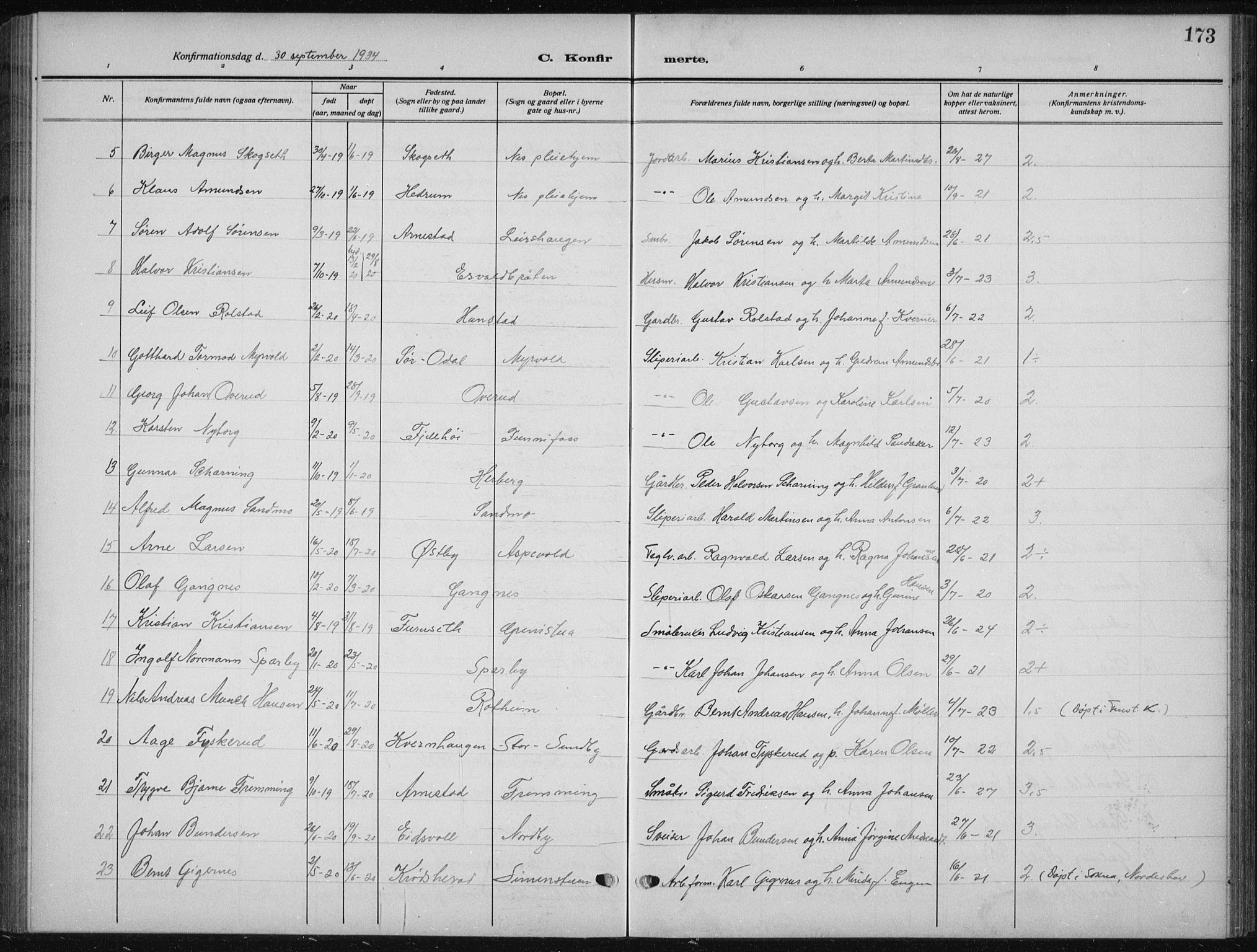 Nes prestekontor Kirkebøker, AV/SAO-A-10410/G/Ga/L0003: Parish register (copy) no. I 3, 1913-1941, p. 173