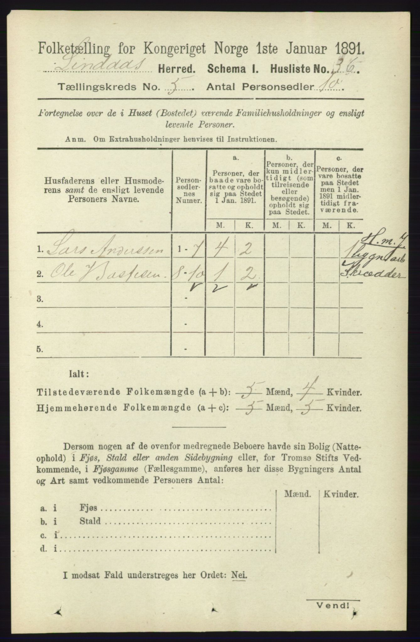 RA, 1891 census for 1263 Lindås, 1891, p. 1432