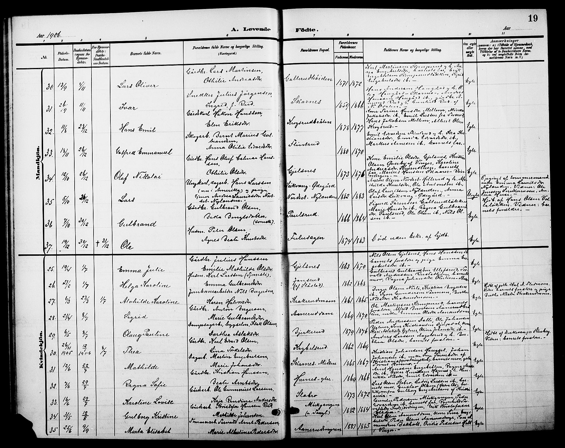 Sør-Odal prestekontor, AV/SAH-PREST-030/H/Ha/Hab/L0005: Parish register (copy) no. 5, 1903-1915, p. 19