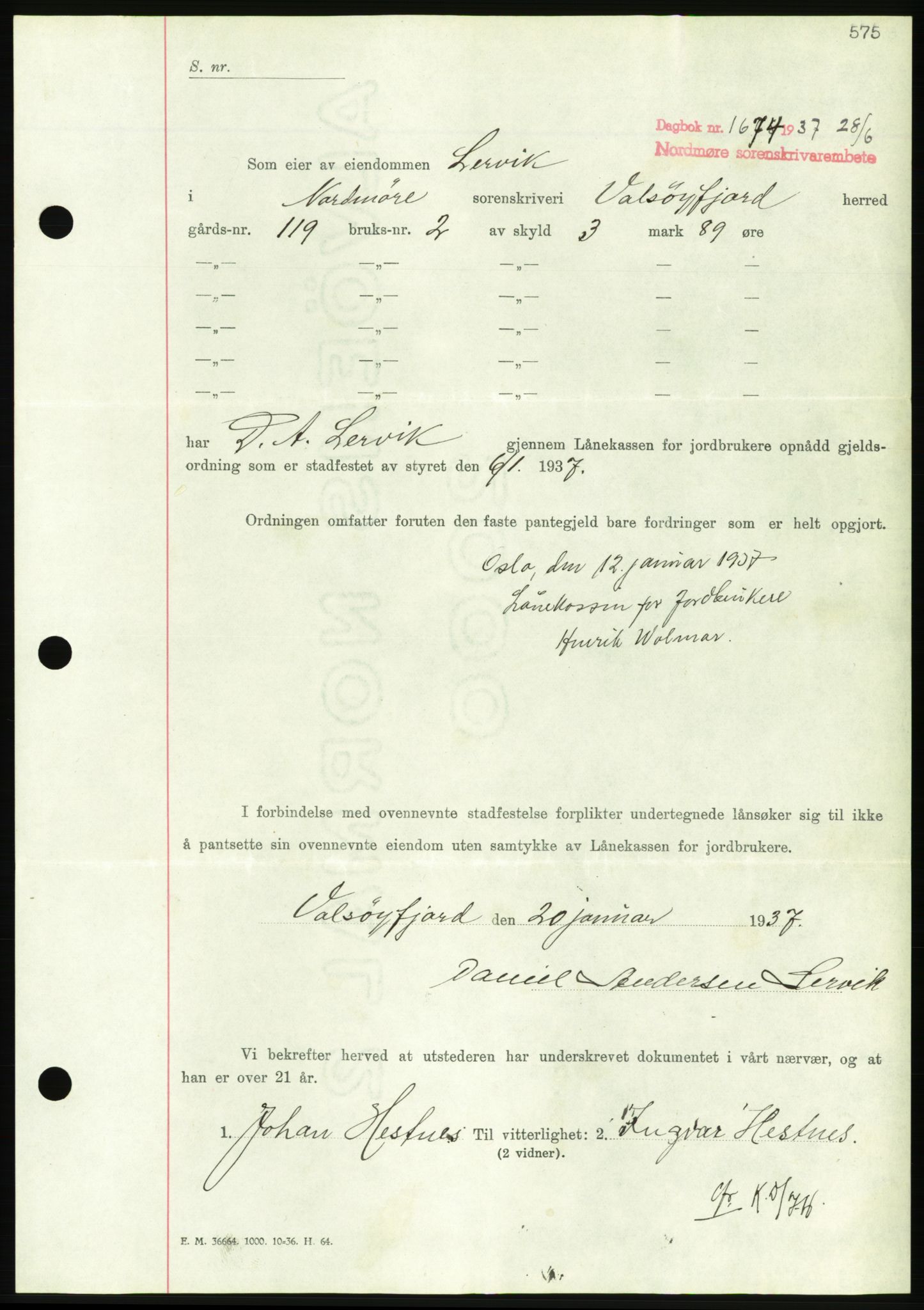 Nordmøre sorenskriveri, AV/SAT-A-4132/1/2/2Ca/L0091: Mortgage book no. B81, 1937-1937, Diary no: : 1674/1937