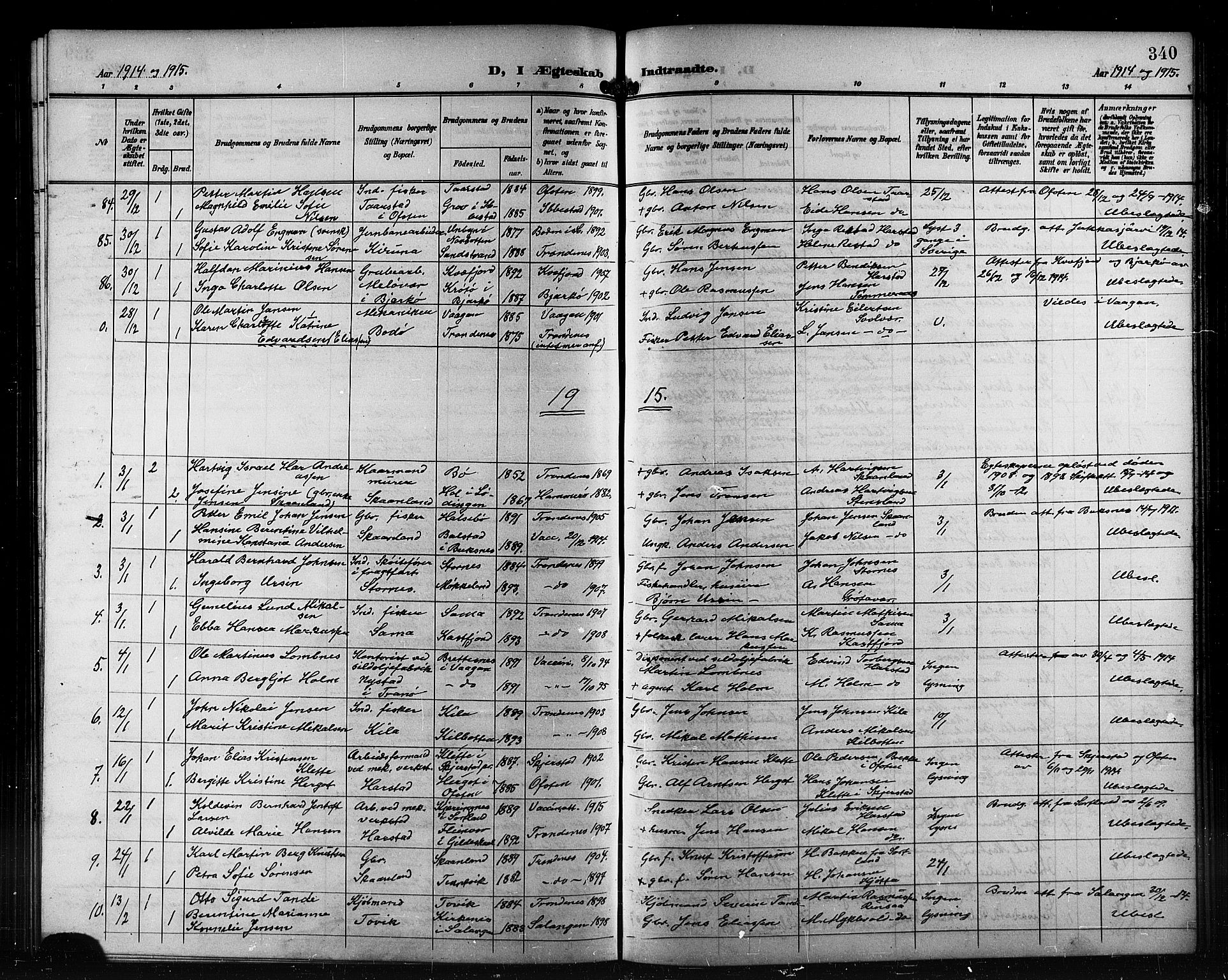 Trondenes sokneprestkontor, AV/SATØ-S-1319/H/Hb/L0012klokker: Parish register (copy) no. 12, 1907-1916, p. 340