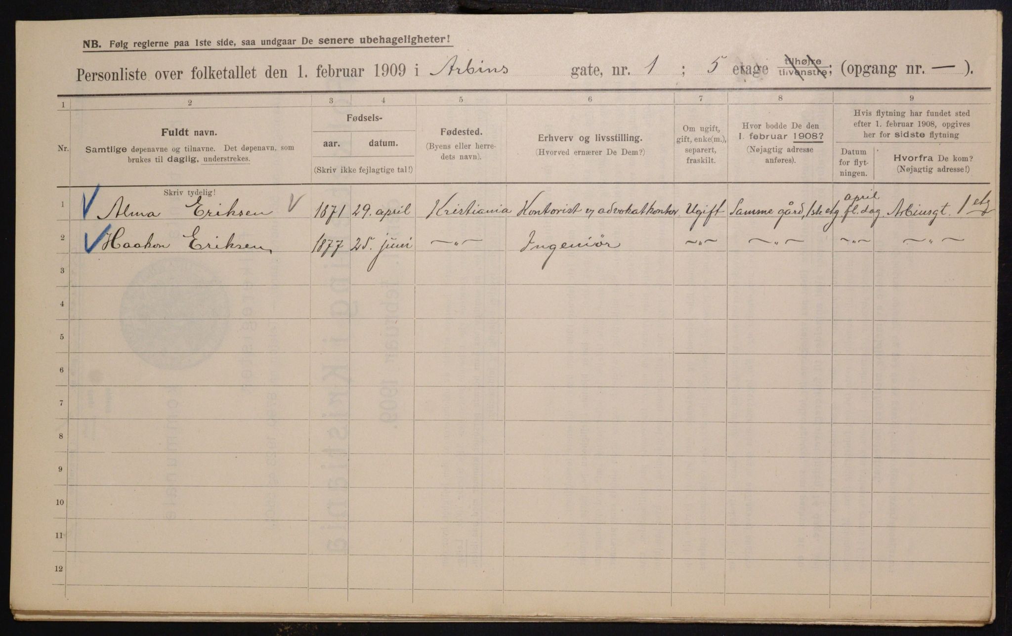 OBA, Municipal Census 1909 for Kristiania, 1909, p. 1536