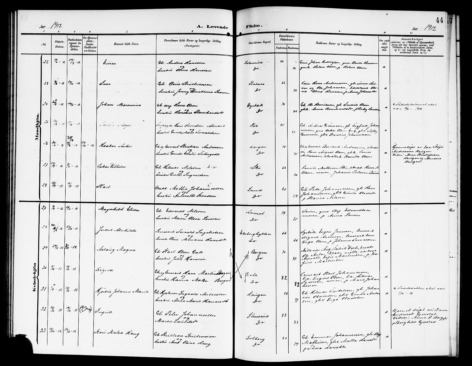 Skiptvet prestekontor Kirkebøker, SAO/A-20009/G/Ga/L0002: Parish register (copy) no. 2, 1905-1915, p. 44