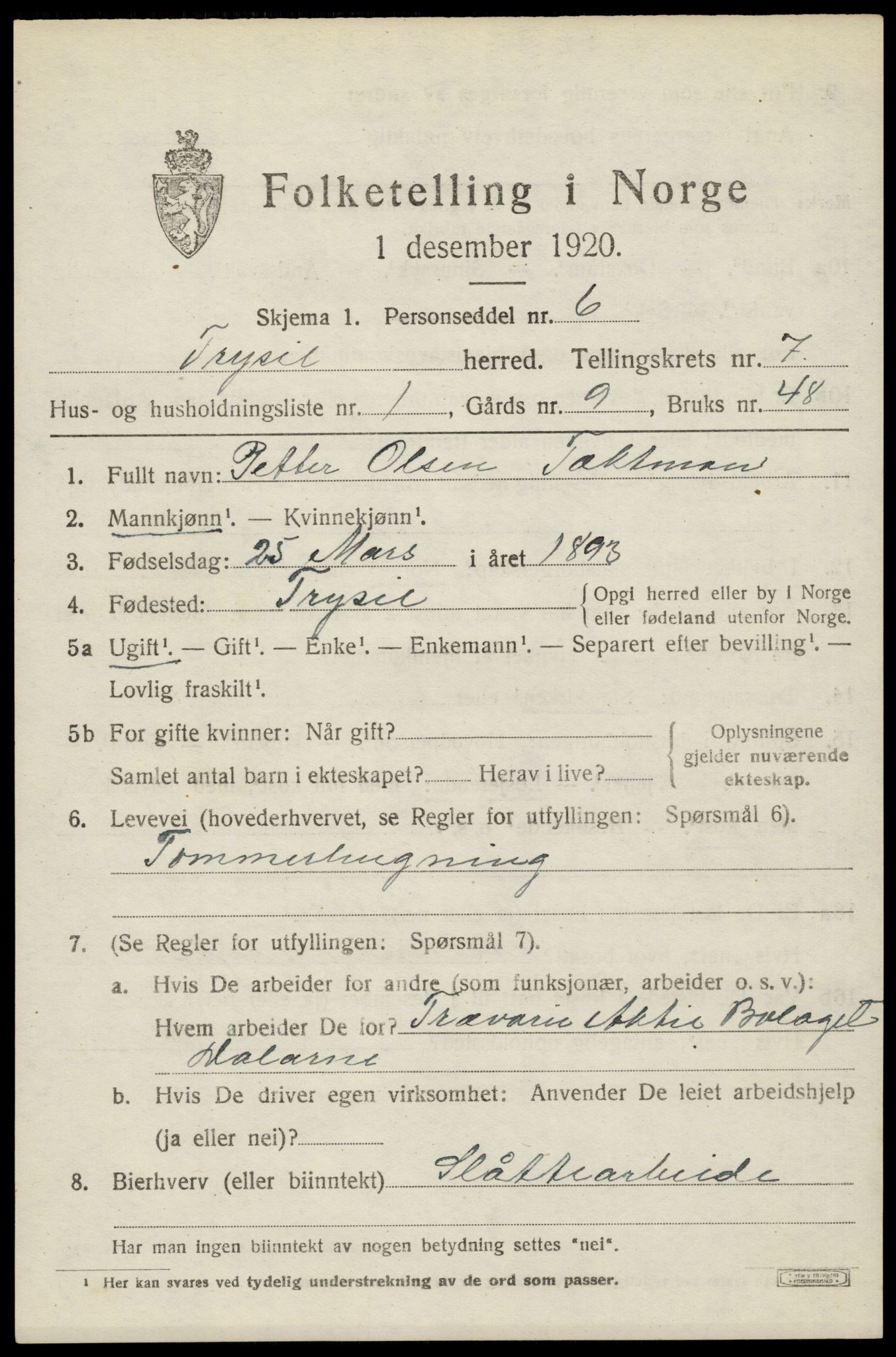 SAH, 1920 census for Trysil, 1920, p. 5231