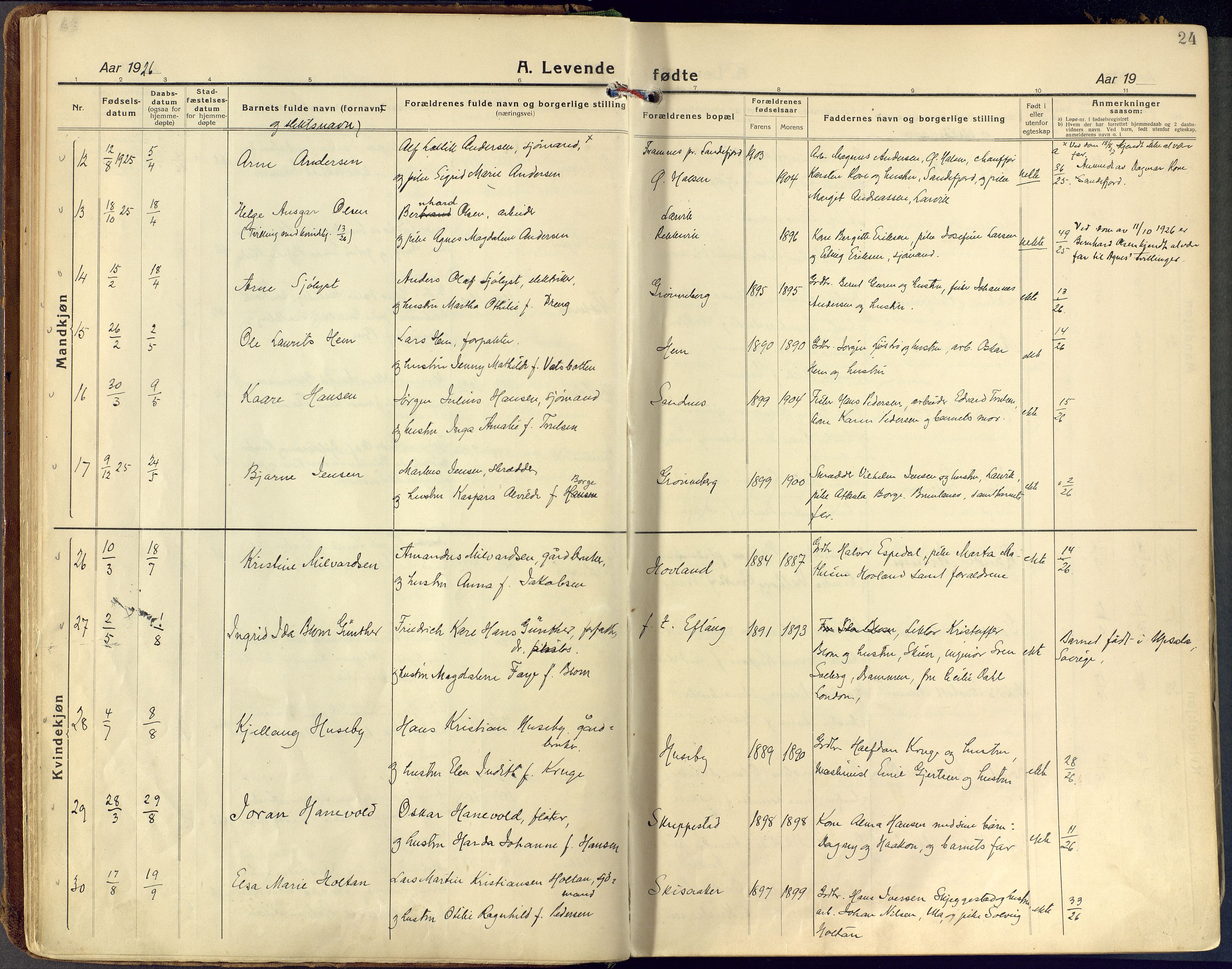 Tjølling kirkebøker, SAKO/A-60/F/Fa/L0011: Parish register (official) no. 11, 1924-1943, p. 24