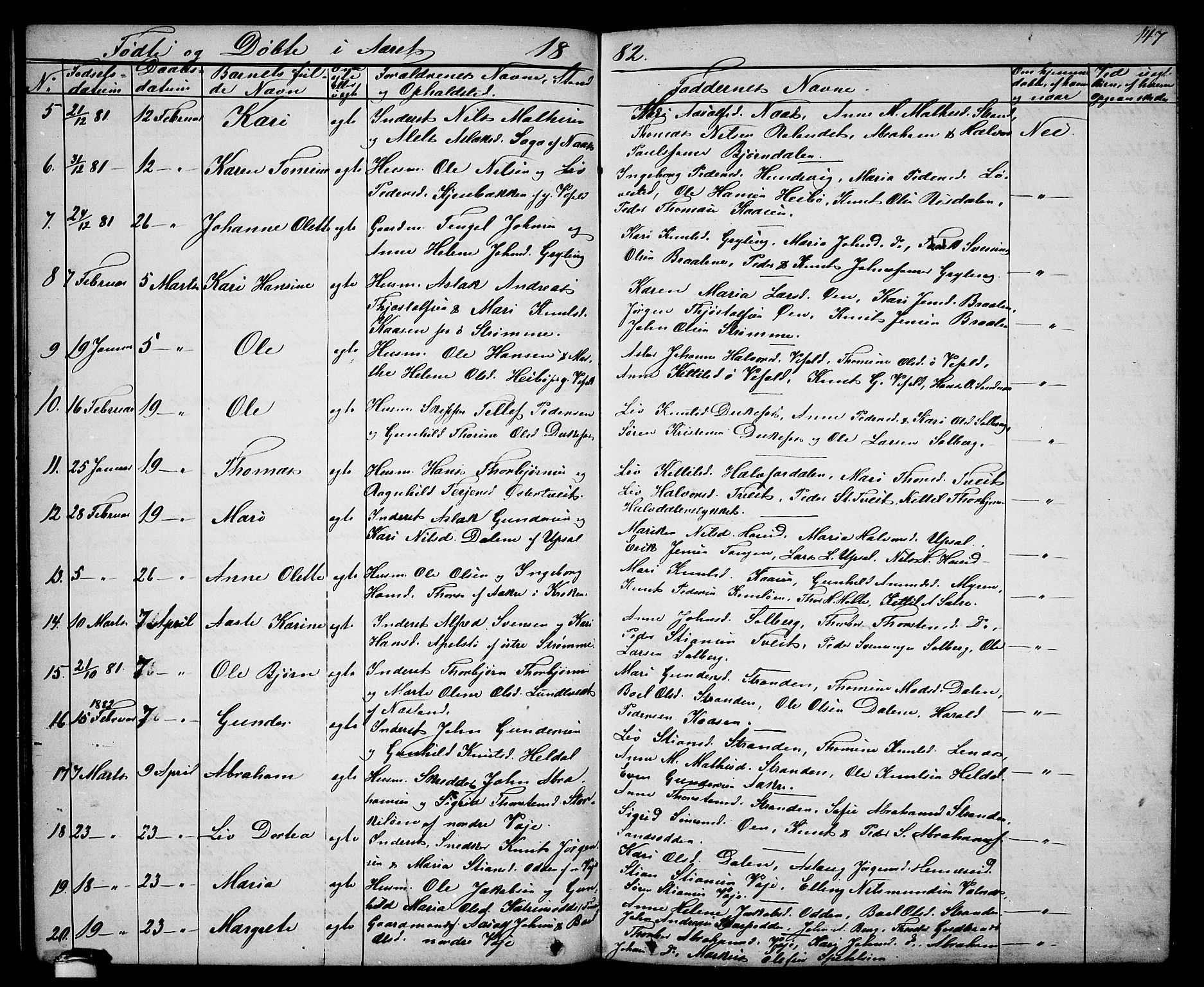 Drangedal kirkebøker, SAKO/A-258/G/Ga/L0002: Parish register (copy) no. I 2, 1856-1887, p. 147