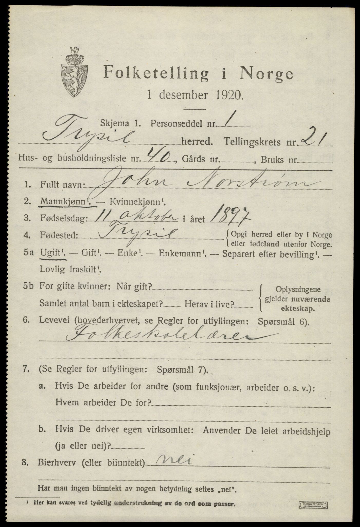 SAH, 1920 census for Trysil, 1920, p. 14257