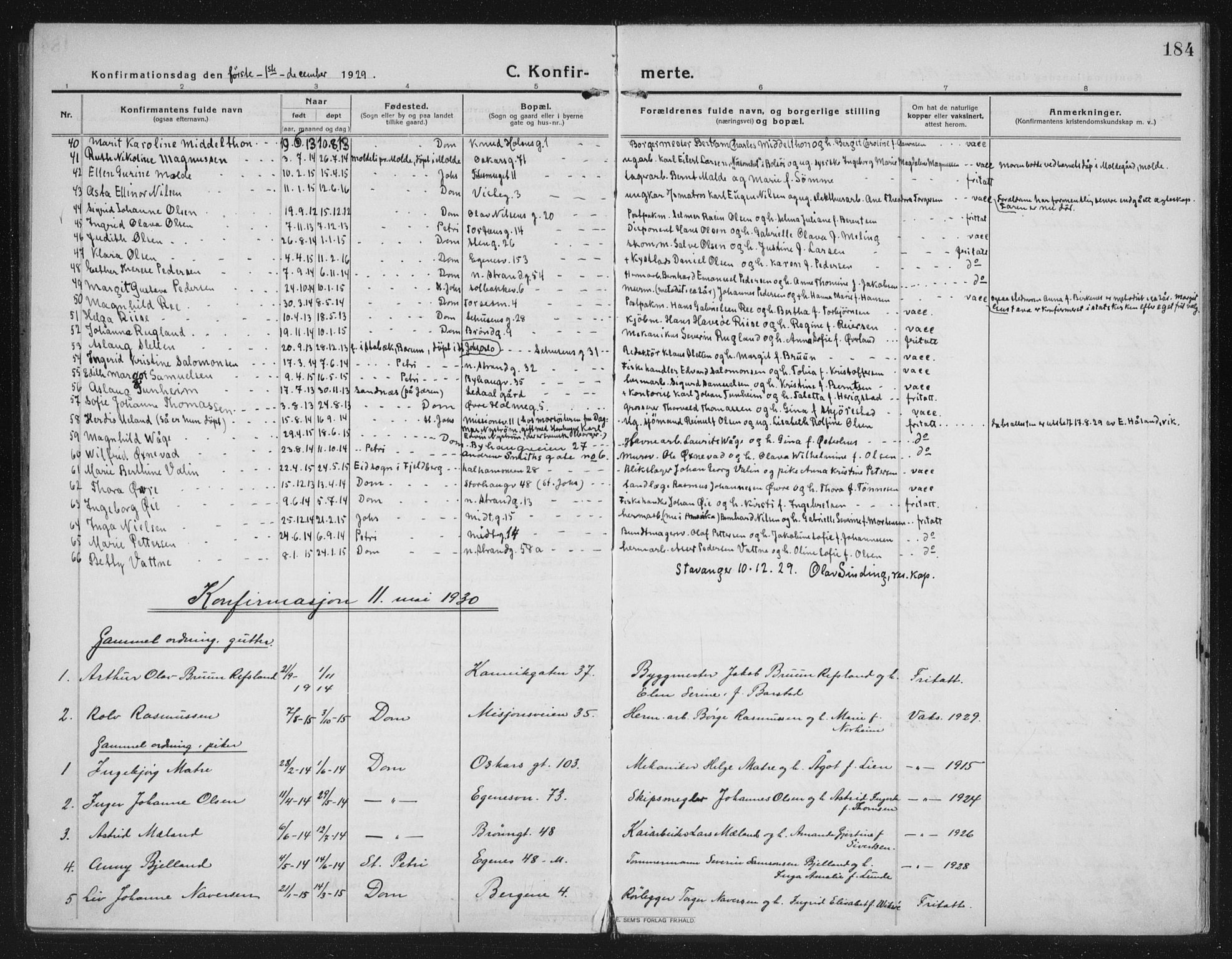 Domkirken sokneprestkontor, AV/SAST-A-101812/002/A/L0019: Parish register (official) no. A 35, 1916-1932, p. 184