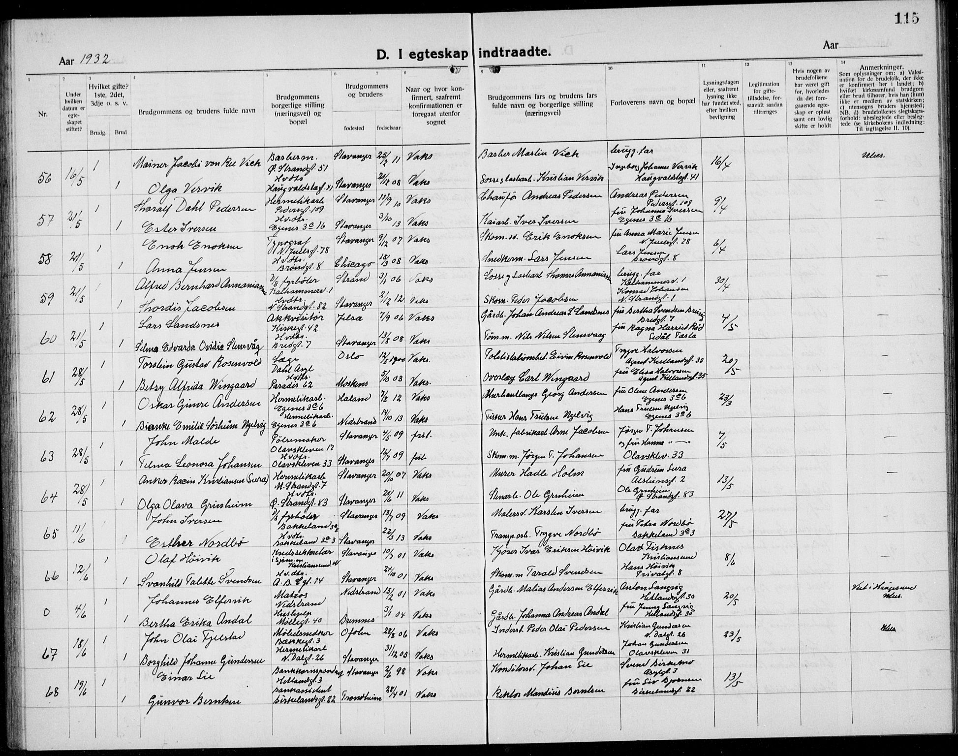 Domkirken sokneprestkontor, AV/SAST-A-101812/001/30/30BB/L0020: Parish register (copy) no. B 20, 1921-1937, p. 115