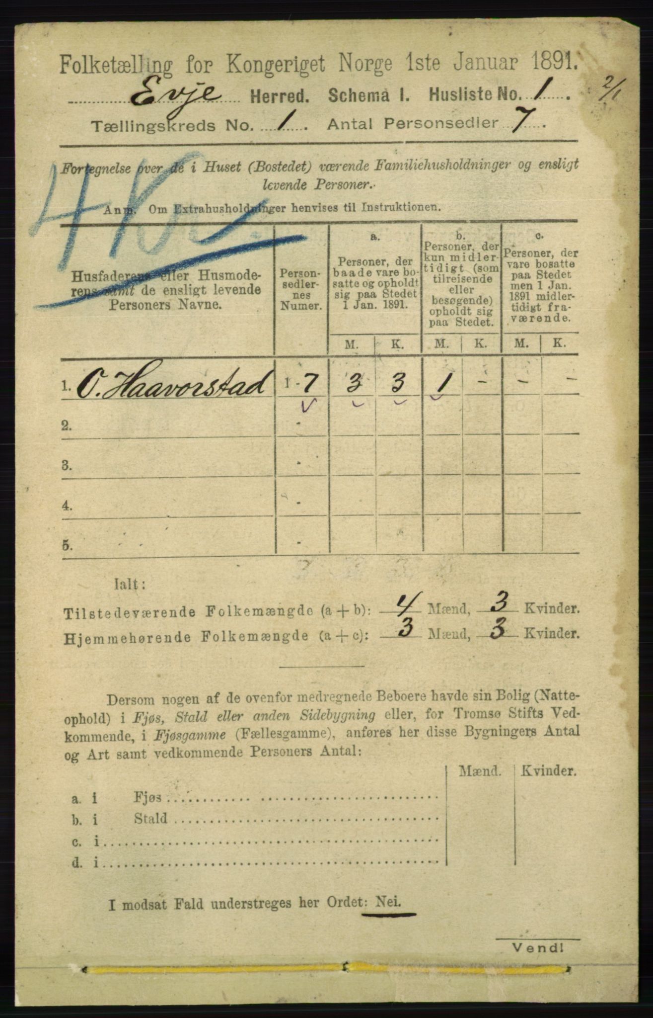 RA, 1891 census for 0937 Evje, 1891, p. 15