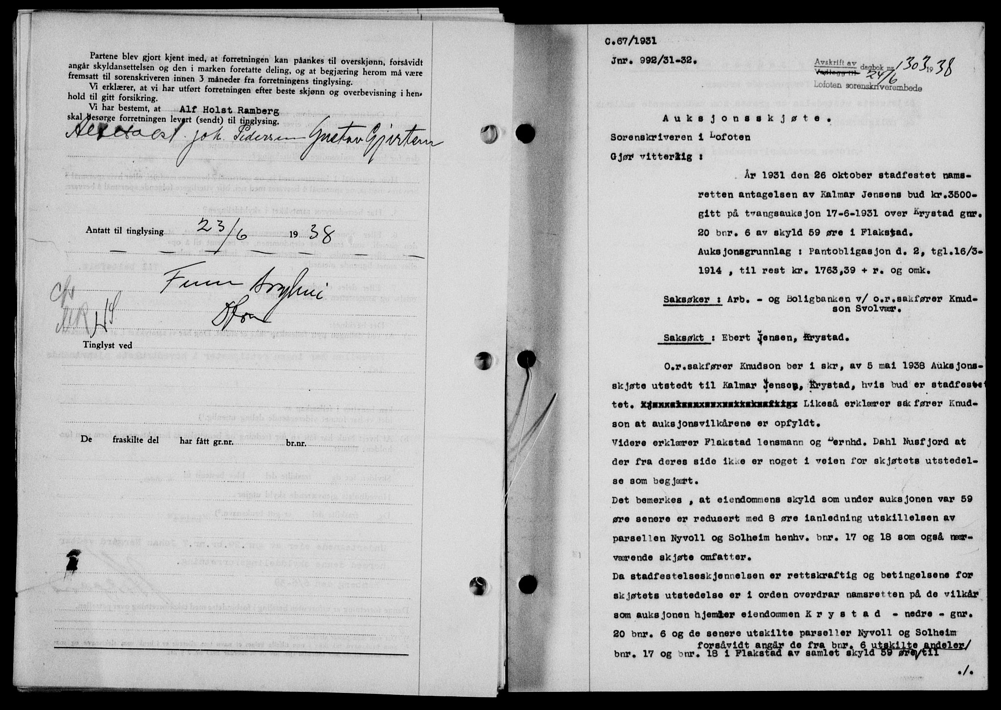 Lofoten sorenskriveri, SAT/A-0017/1/2/2C/L0004a: Mortgage book no. 4a, 1938-1938, Diary no: : 1303/1938