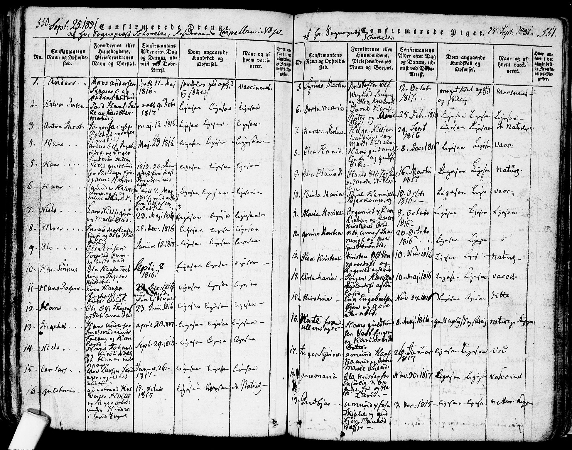 Nes prestekontor Kirkebøker, SAO/A-10410/F/Fa/L0005: Parish register (official) no. I 5, 1815-1835, p. 550-551