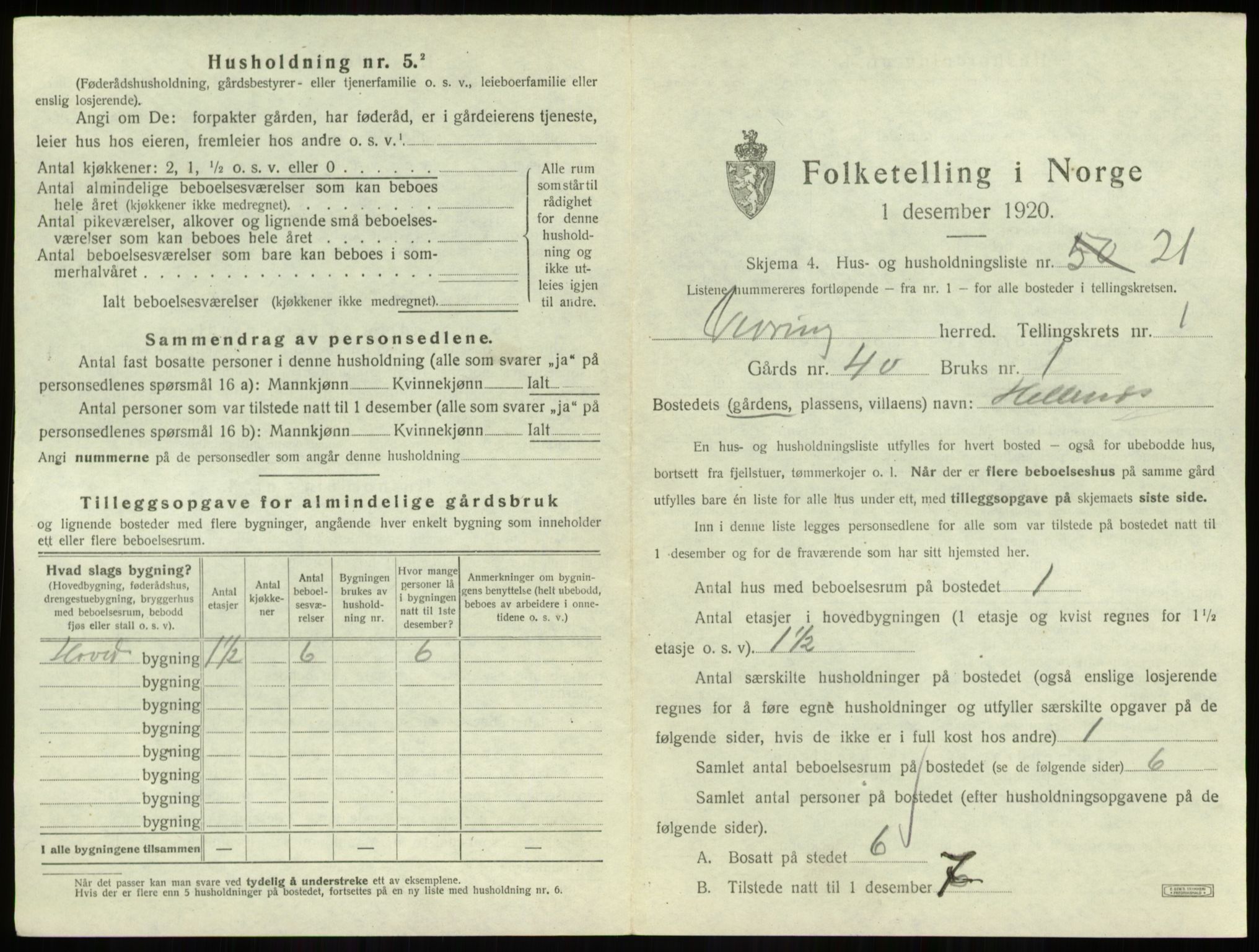 SAB, 1920 census for Vevring, 1920, p. 65