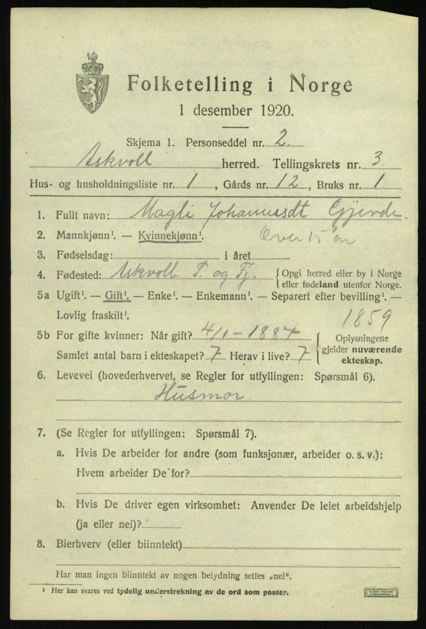 SAB, 1920 census for Askvoll, 1920, p. 2060