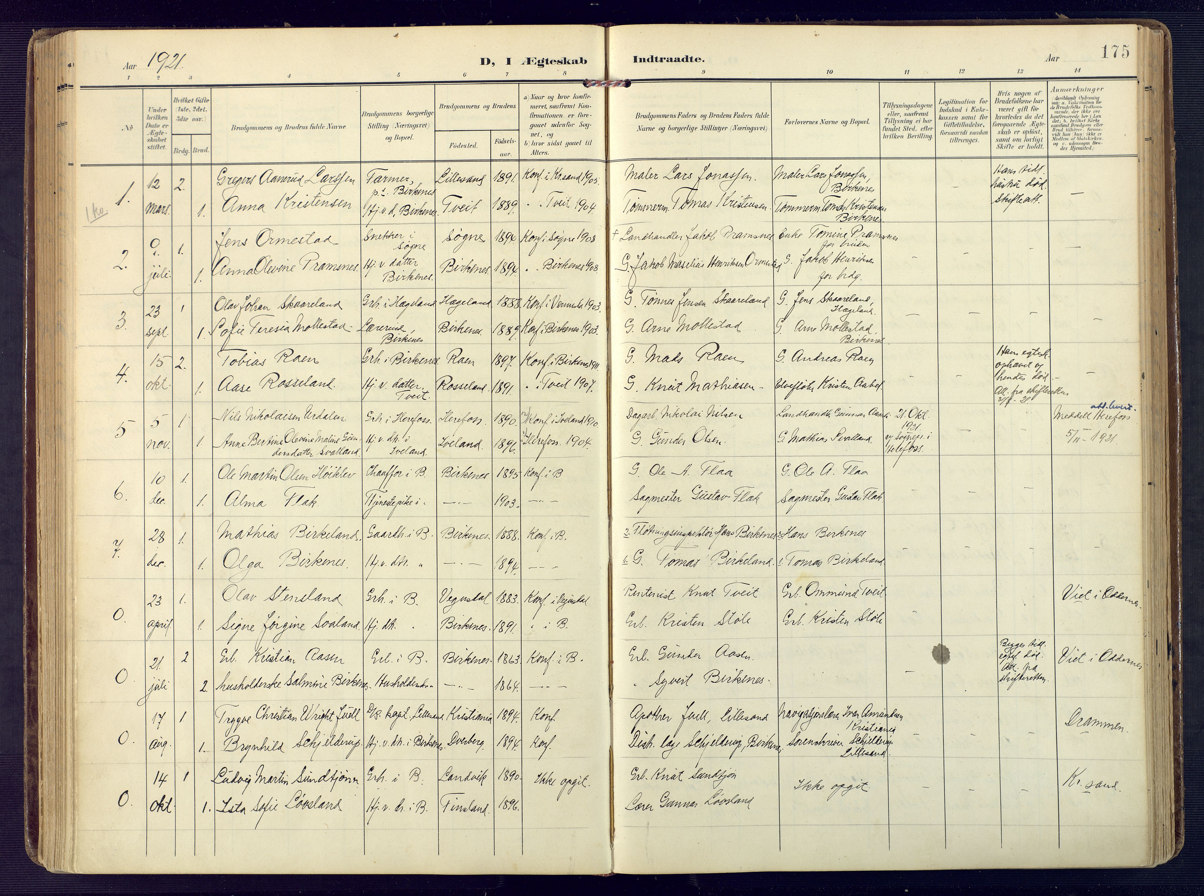 Birkenes sokneprestkontor, SAK/1111-0004/F/Fa/L0006: Parish register (official) no. A 6, 1908-1932, p. 175