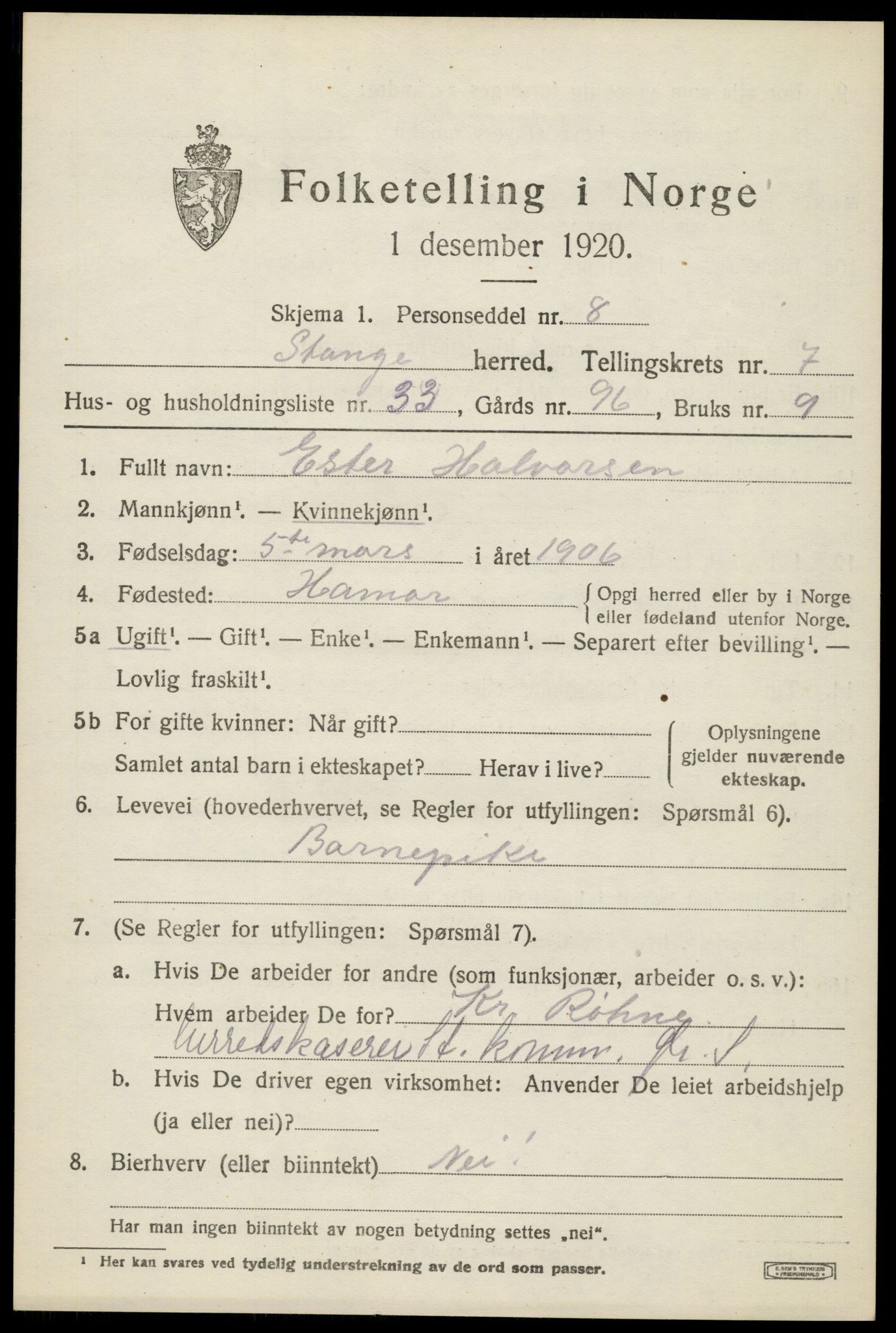 SAH, 1920 census for Stange, 1920, p. 12621