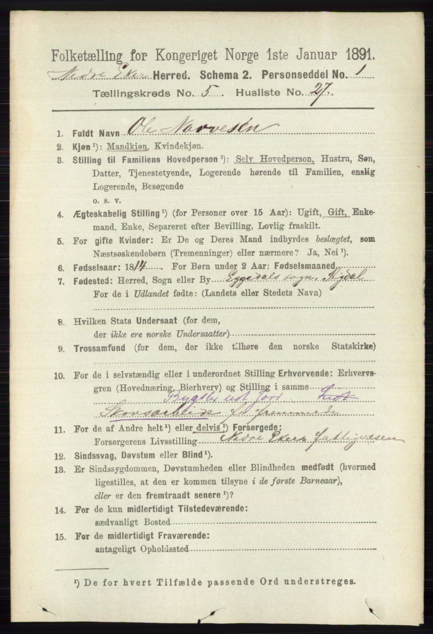 RA, 1891 census for 0625 Nedre Eiker, 1891, p. 2476