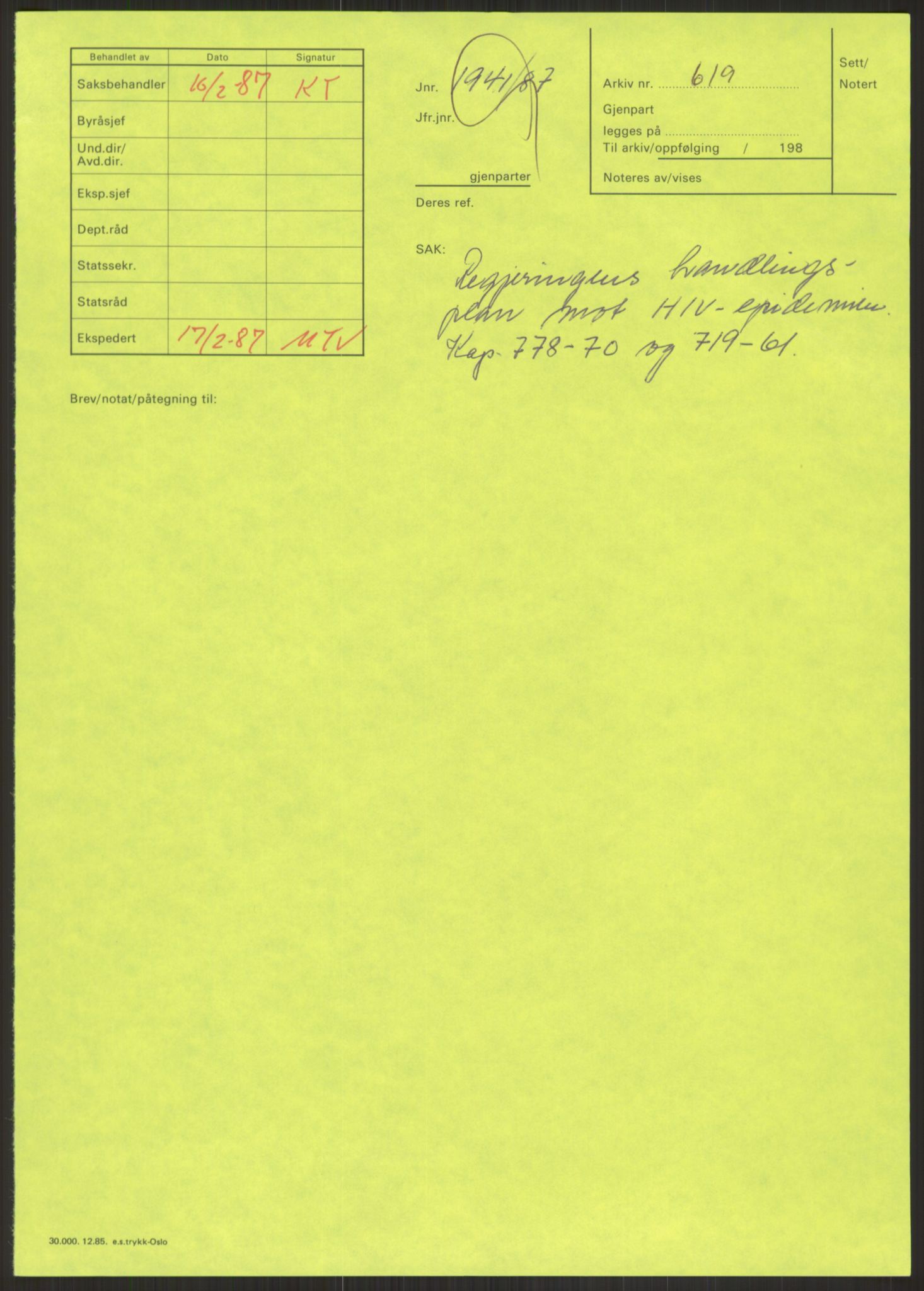 Sosialdepartementet, Administrasjons-, trygde-, plan- og helseavdelingen, AV/RA-S-6179/D/L2240/0003: -- / 619 Diverse. HIV/AIDS, 1986-1987, p. 191